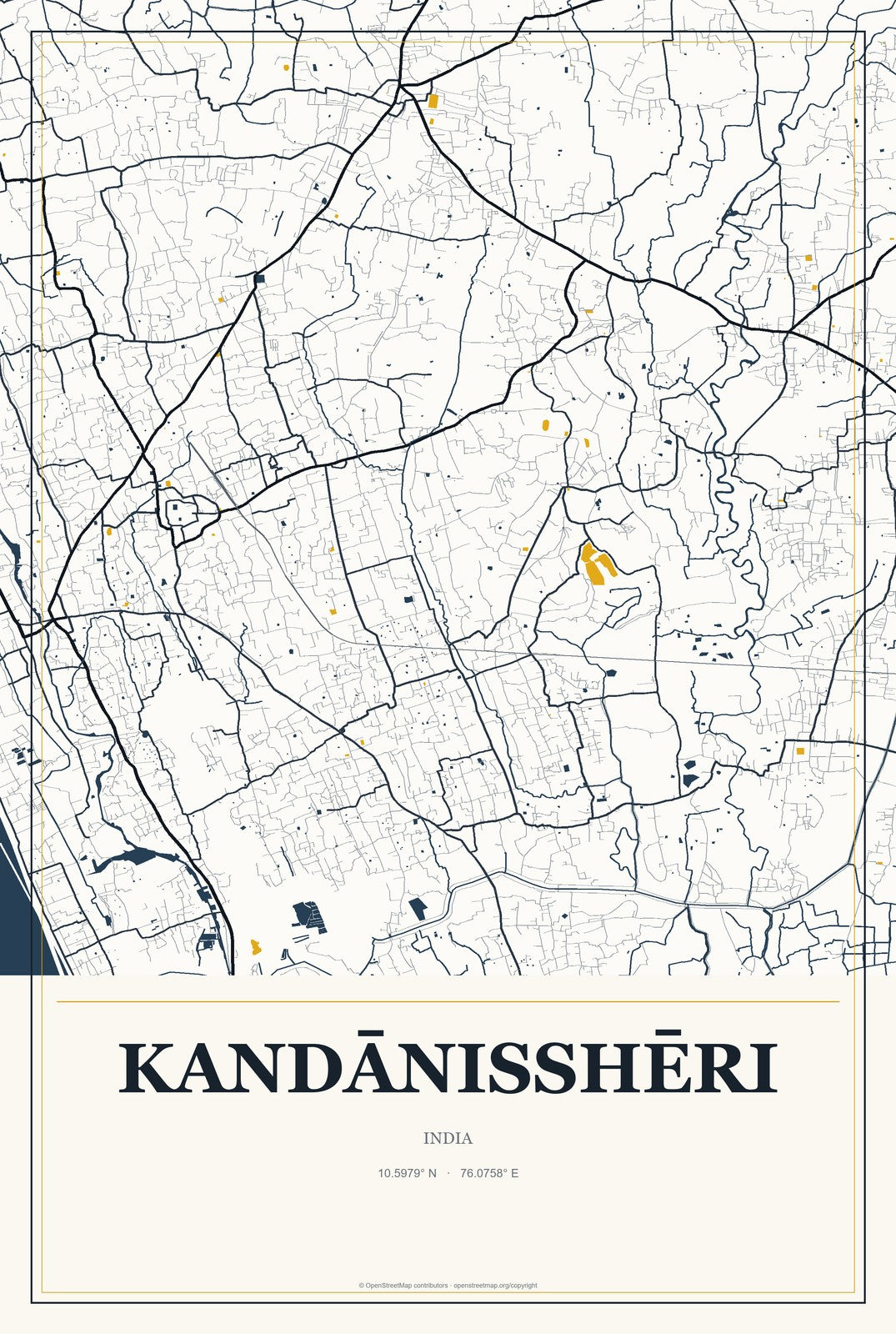 Kandānisshēri, India City Map Aluminum Sign in Citrine Modern style