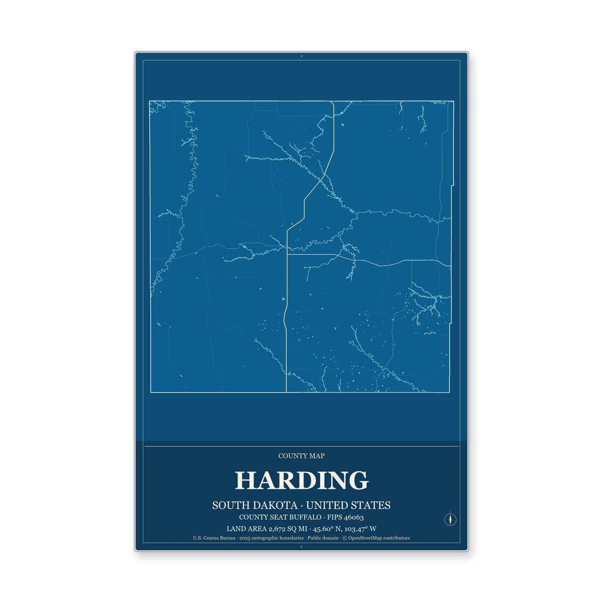 Harding County, South Dakota Map Aluminum Sign in Harbor Cobalt style