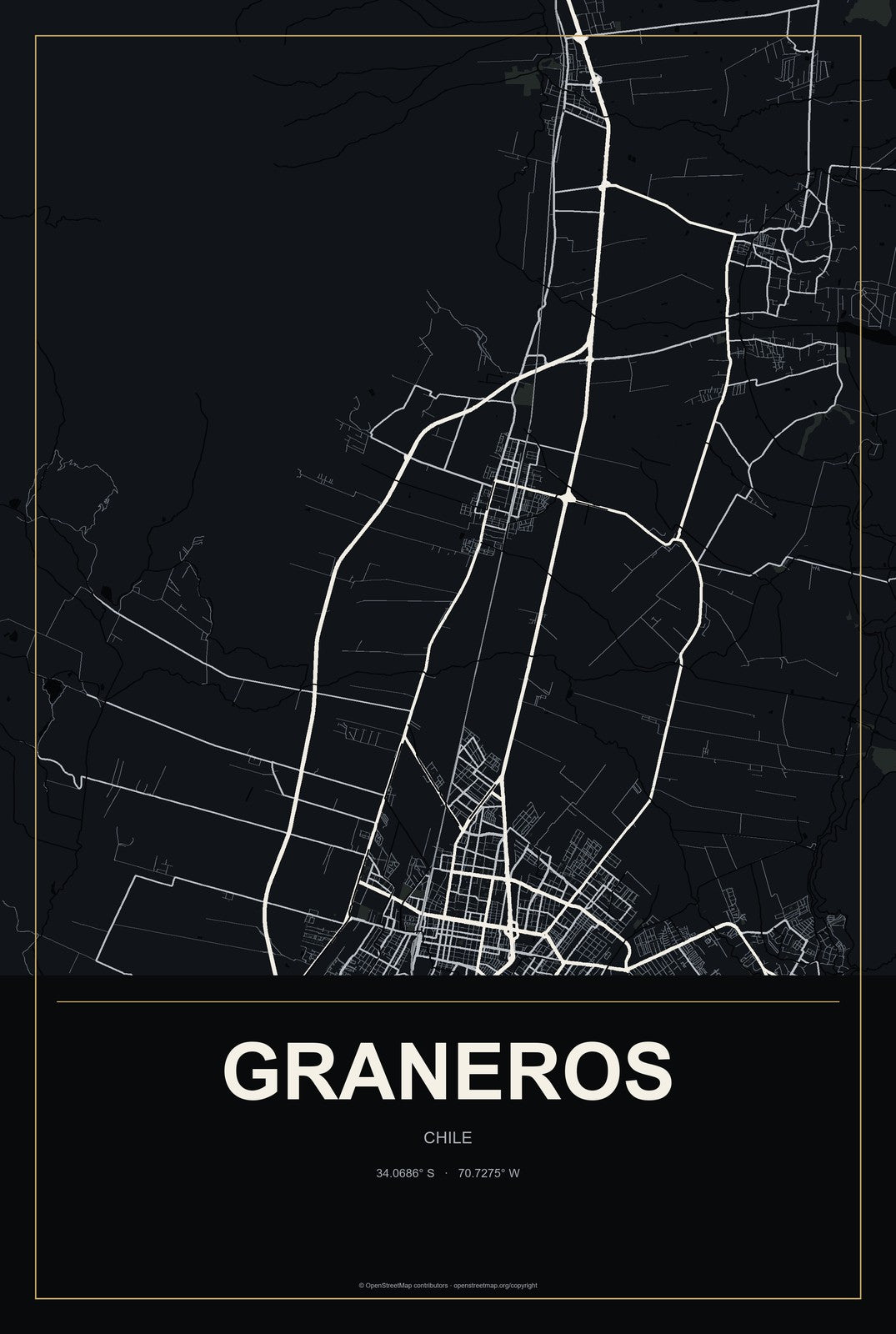Graneros, Chile City Map Aluminum Sign in Metropolitan Noir style