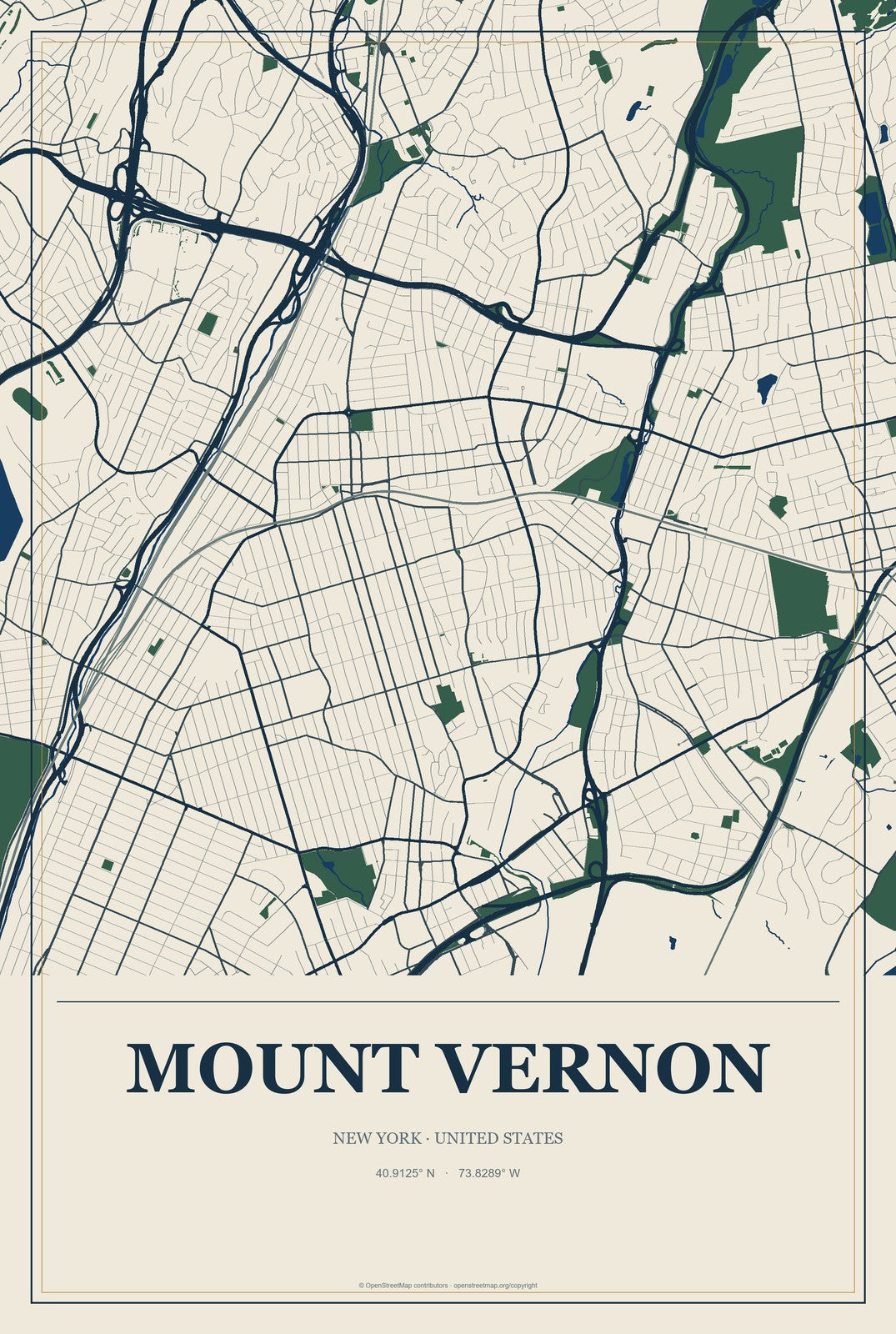 Mount Vernon, New York City Map Aluminum Sign in Coastal Cutout style
