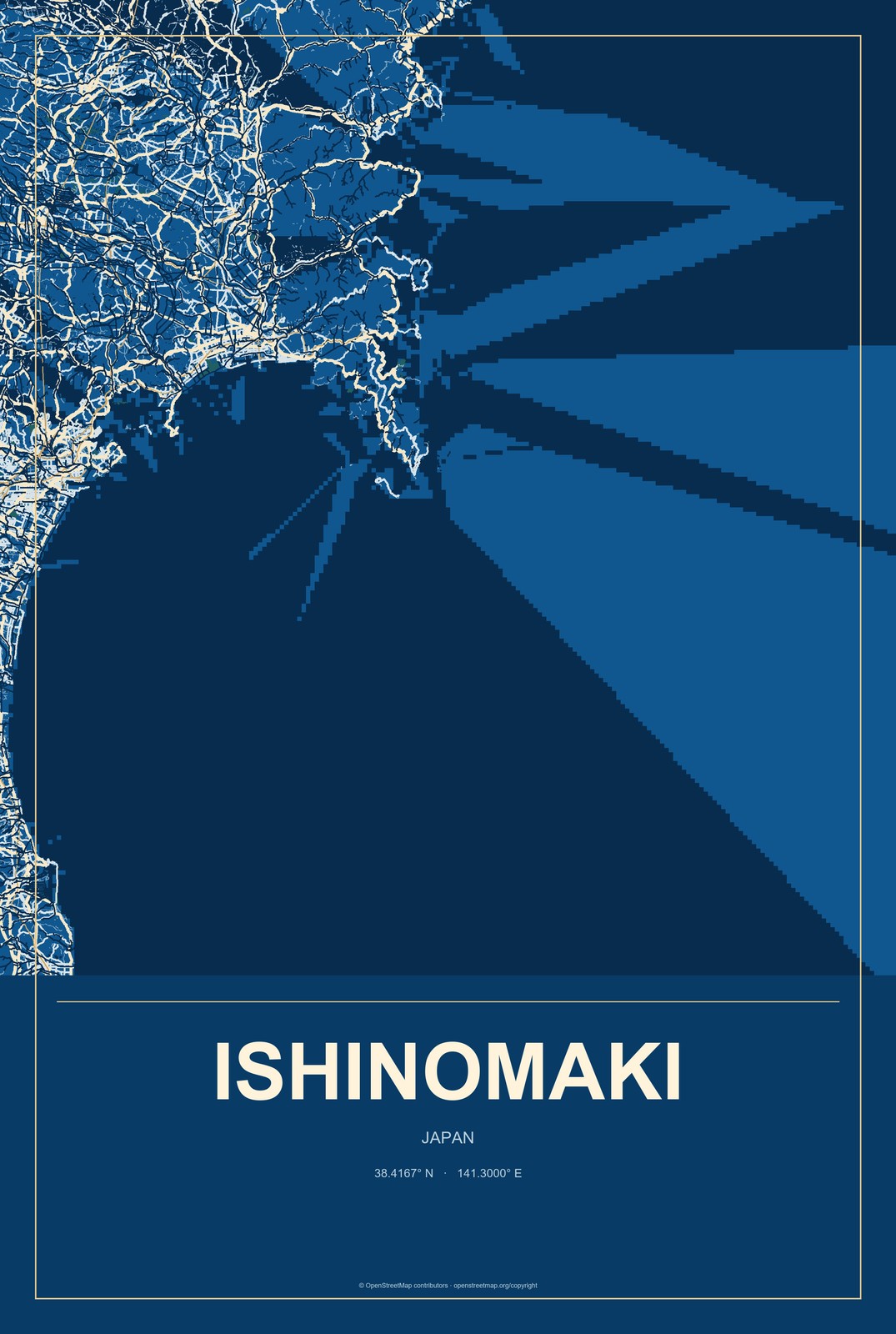 Ishinomaki, Japan City Map Aluminum Sign in Harbor Cobalt style
