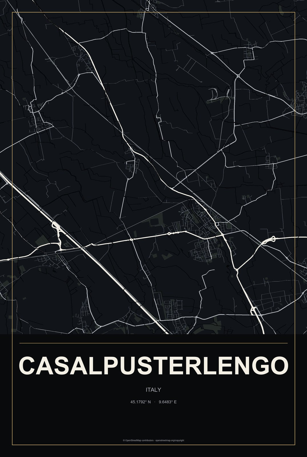 Casalpusterlengo, Italy City Map Aluminum Sign in Metropolitan Noir style