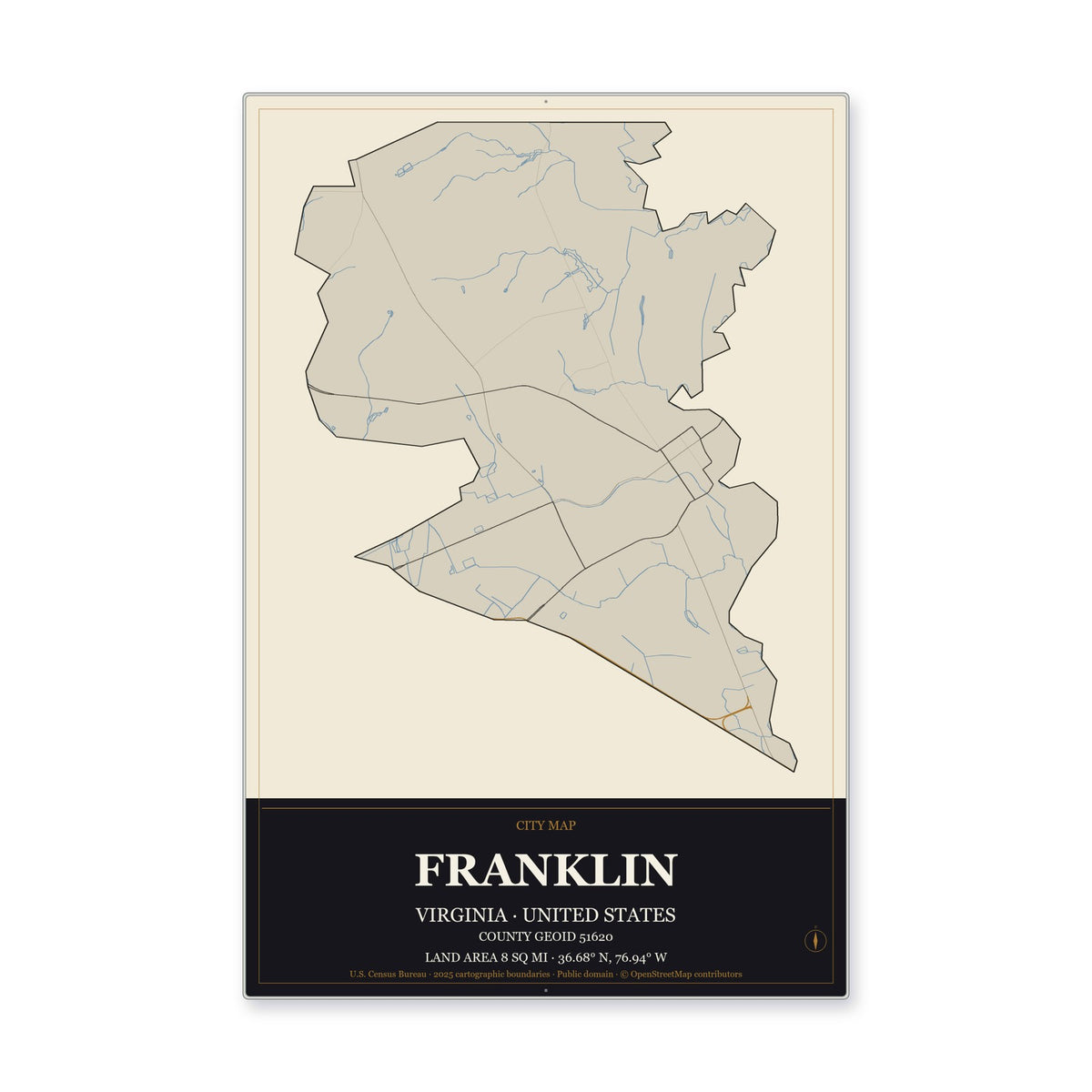 Franklin city, Virginia Map Aluminum Sign in Museum Plaque style