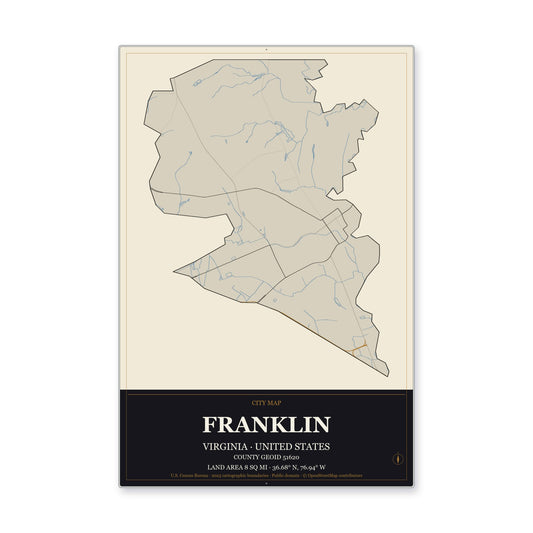 Franklin city, Virginia Map Aluminum Sign in Museum Plaque style
