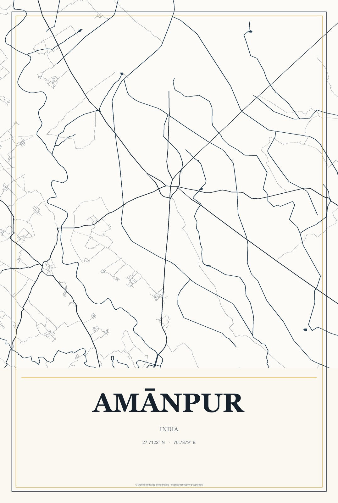Amānpur, India City Map Aluminum Sign in Citrine Modern style