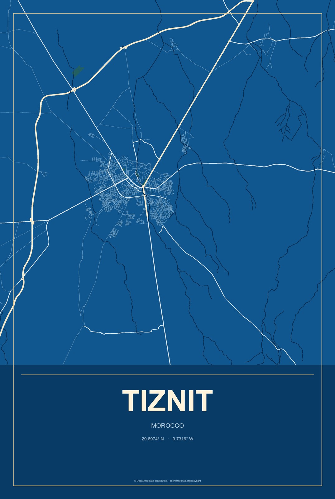 Tiznit, Morocco City Map Aluminum Sign in Harbor Cobalt style