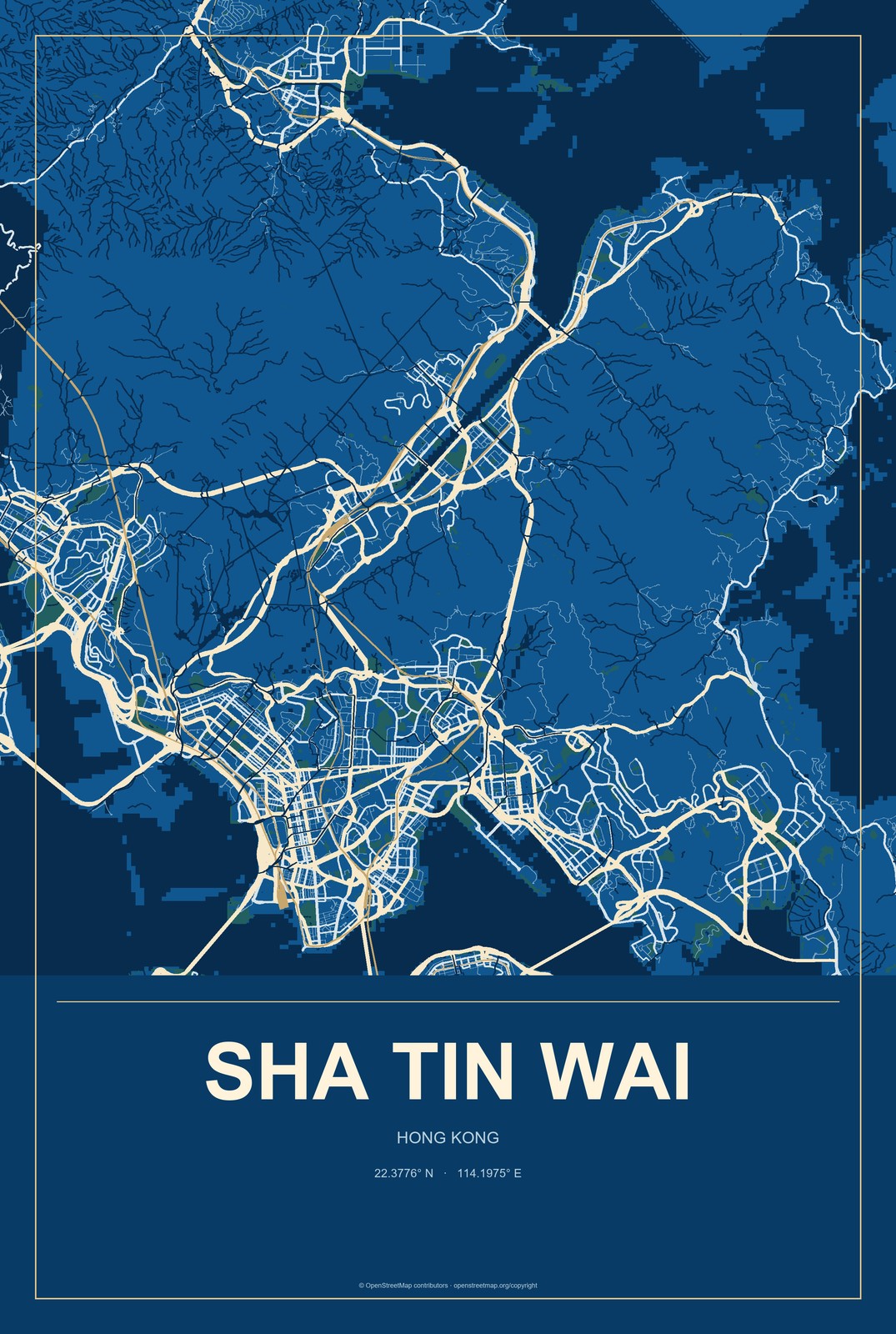 Sha Tin Wai, Hong Kong City Map Aluminum Sign in Harbor Cobalt style