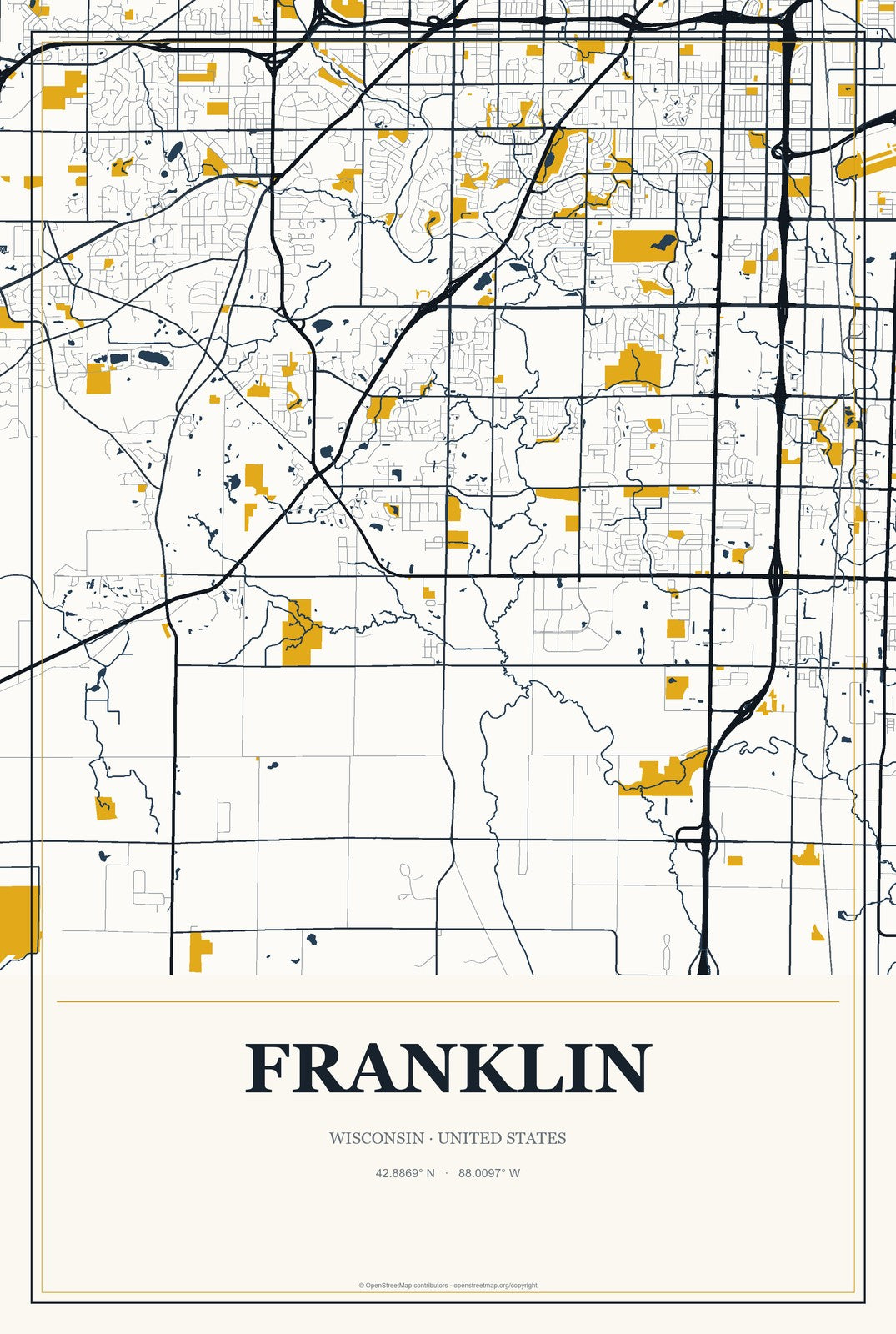 Franklin, Wisconsin City Map Aluminum Sign in Citrine Modern style