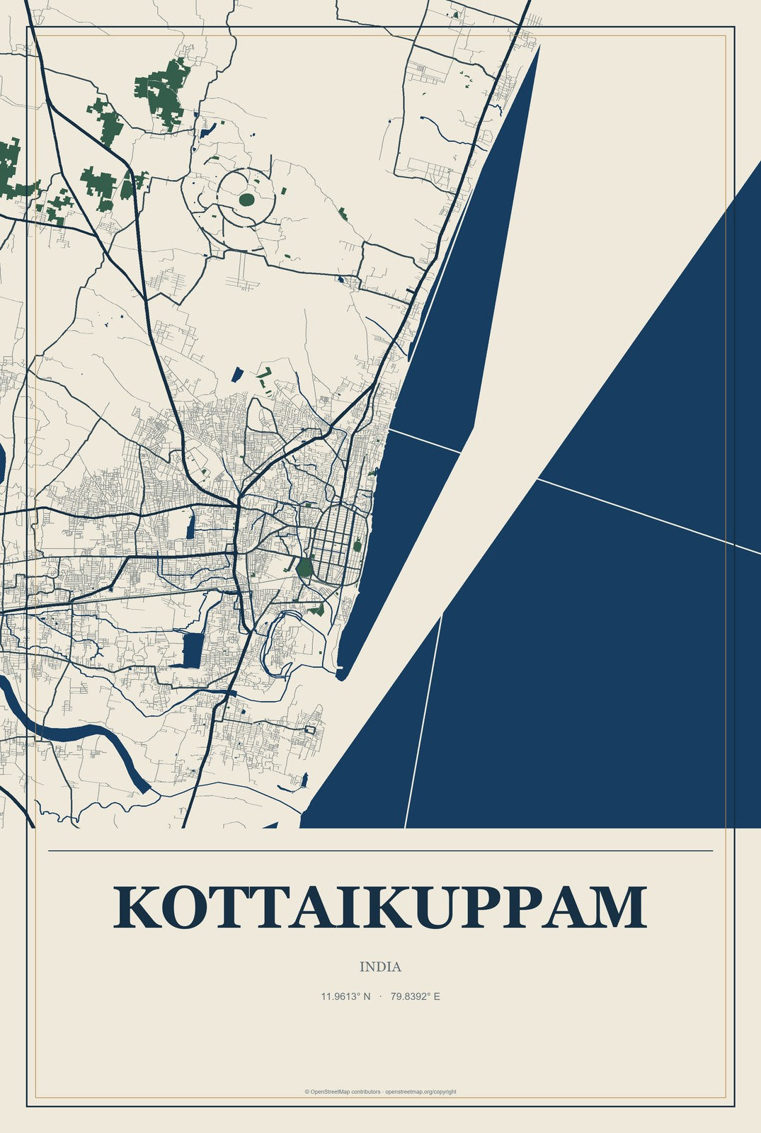 Kottaikuppam, India City Map Aluminum Sign in Coastal Cutout style