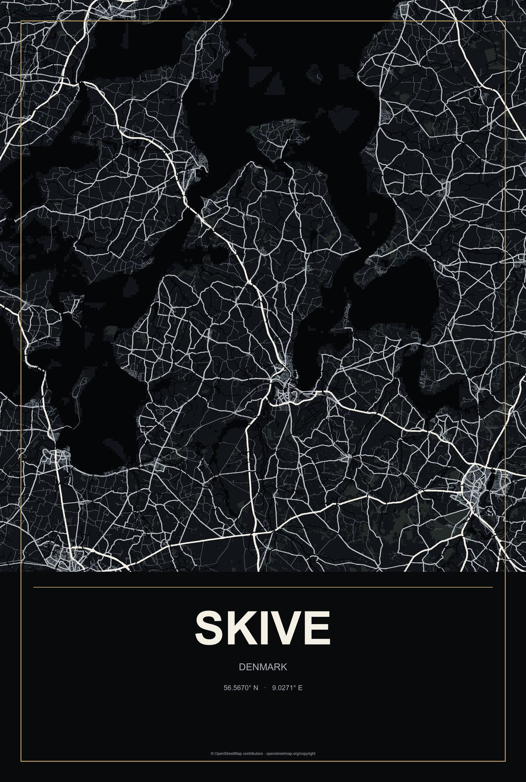 Skive, Denmark City Map Aluminum Sign in Metropolitan Noir style
