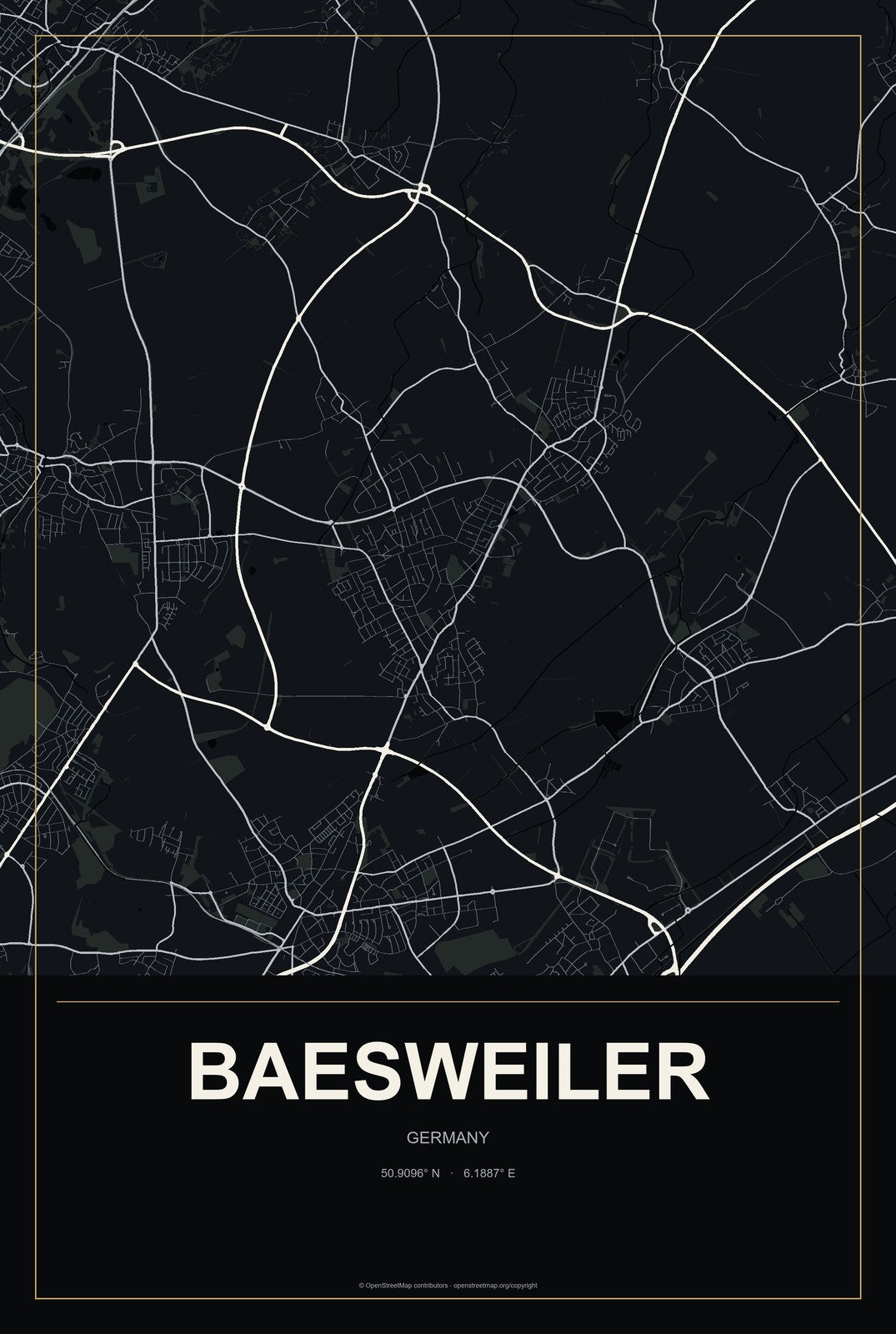 Baesweiler, Germany City Map Aluminum Sign in Metropolitan Noir style