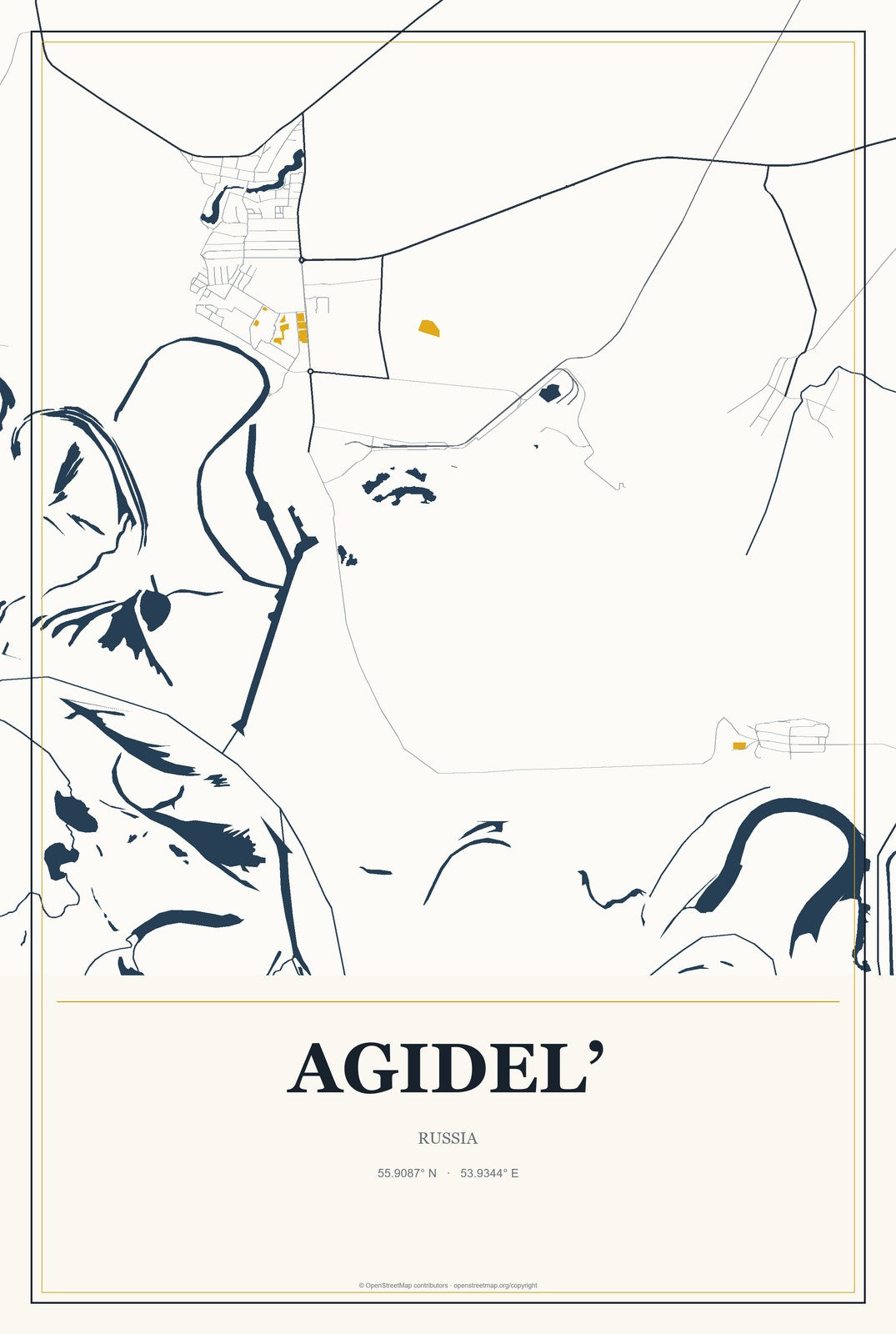 Agidel’, Russia City Map Aluminum Sign in Citrine Modern style