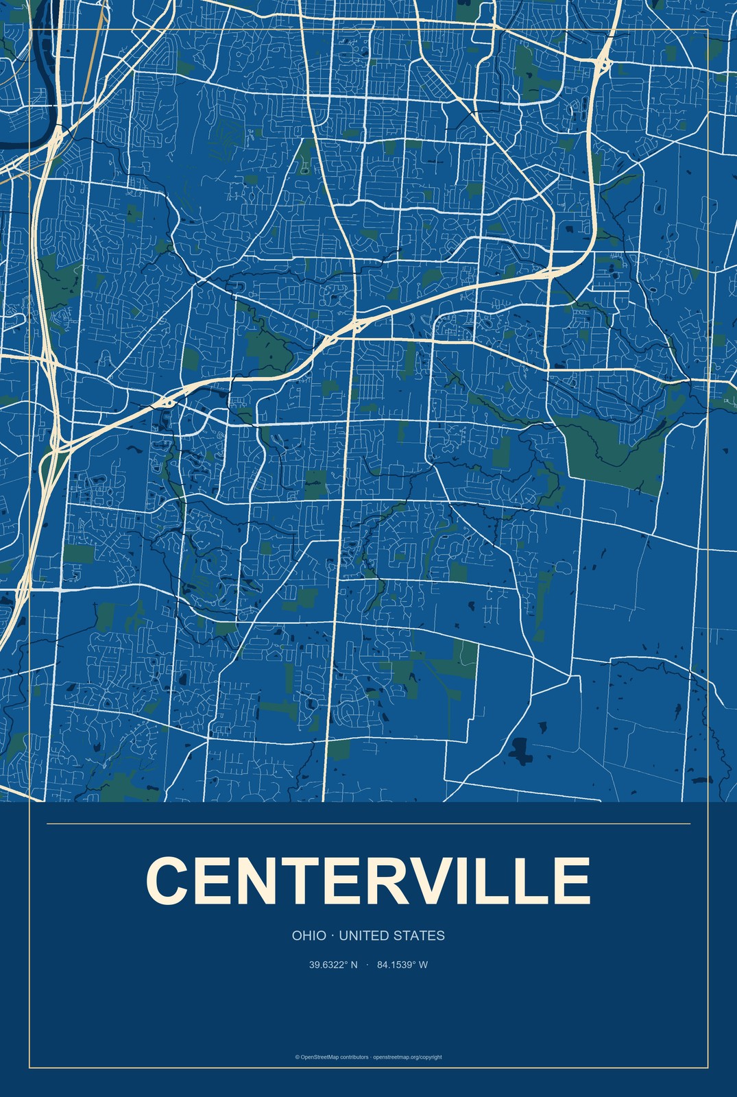 Centerville, Ohio City Map Aluminum Sign in Harbor Cobalt style