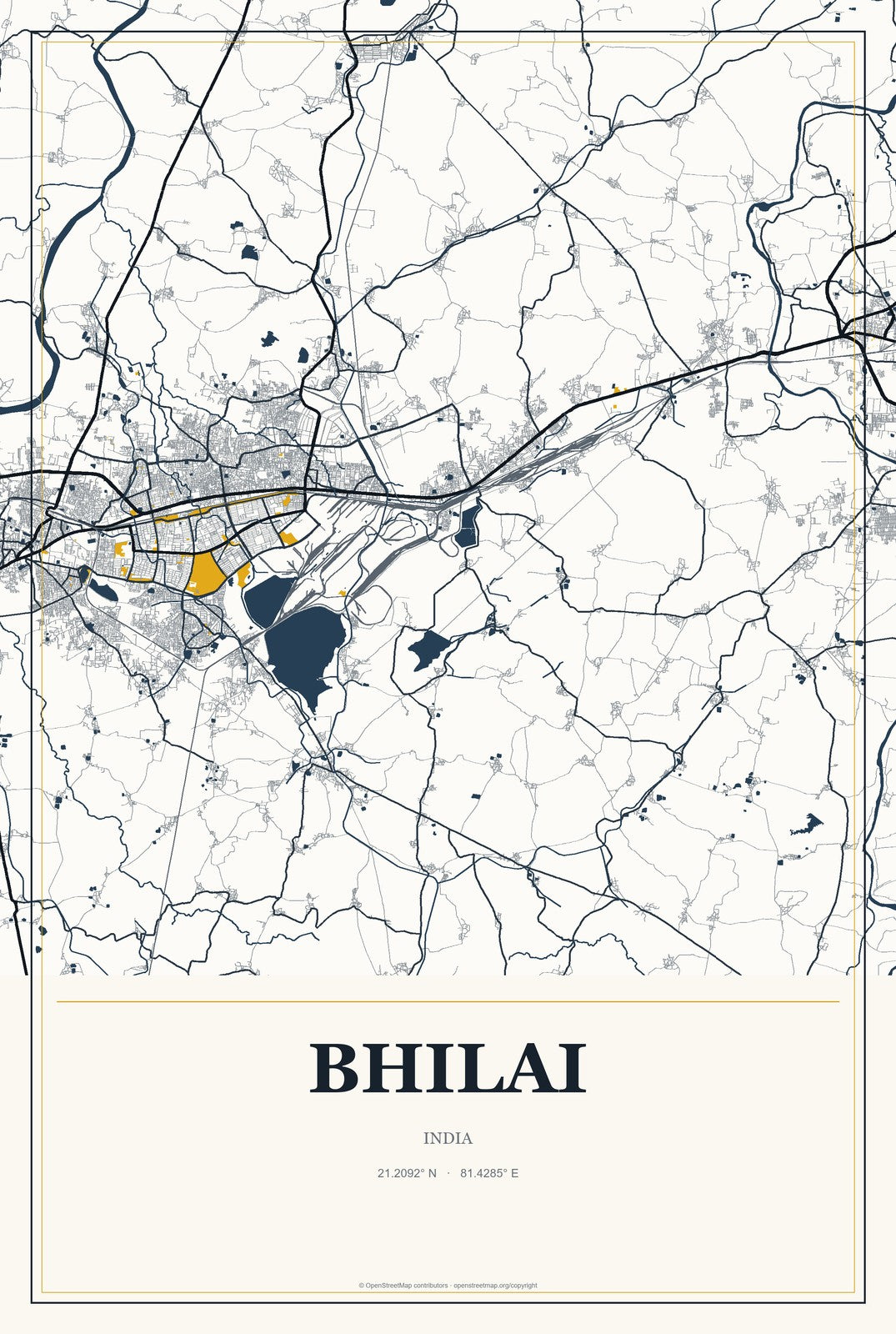Bhilai, India City Map Aluminum Sign in Citrine Modern style