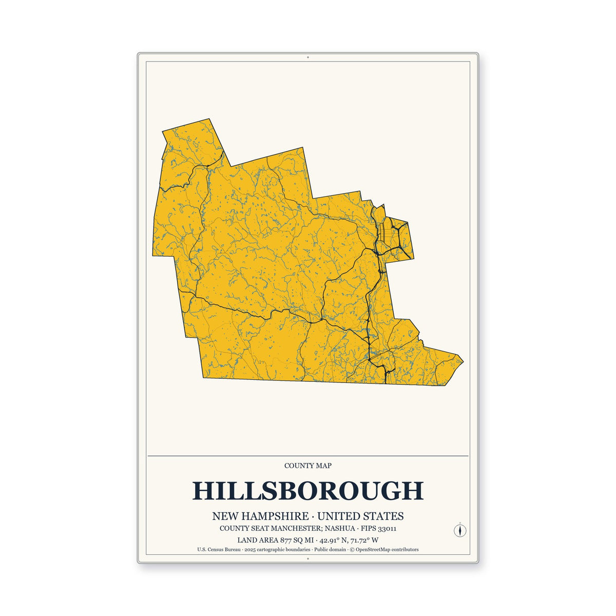 Hillsborough County, New Hampshire Map Aluminum Sign in Citrine Modern style