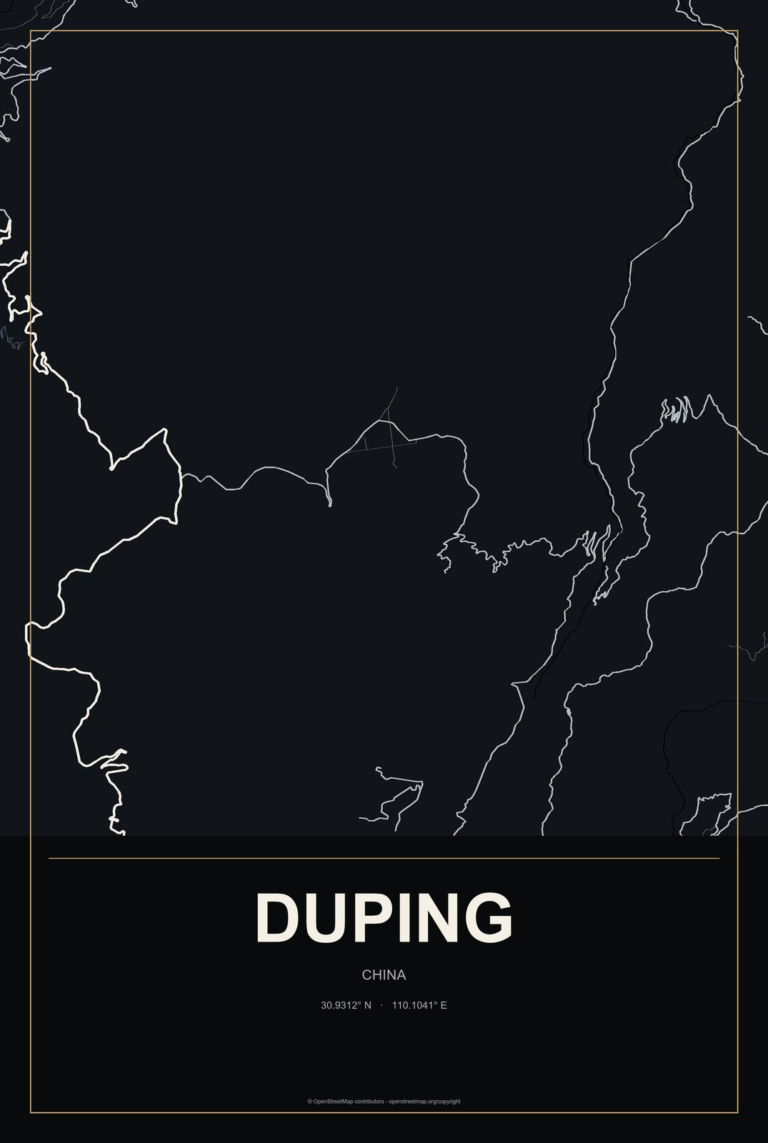 Duping, China City Map Aluminum Sign in Metropolitan Noir style