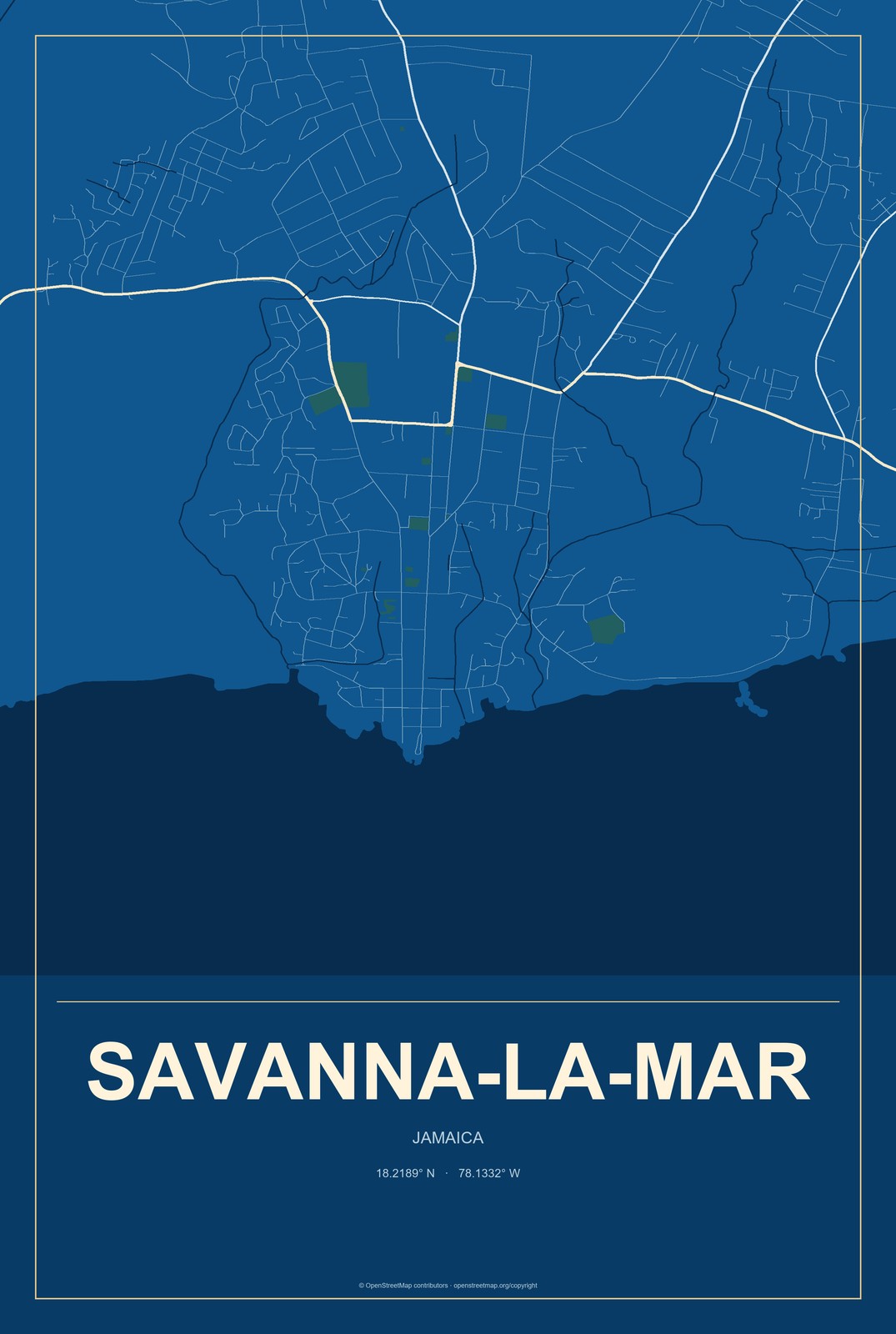Savanna-la-Mar, Jamaica City Map Aluminum Sign in Harbor Cobalt style
