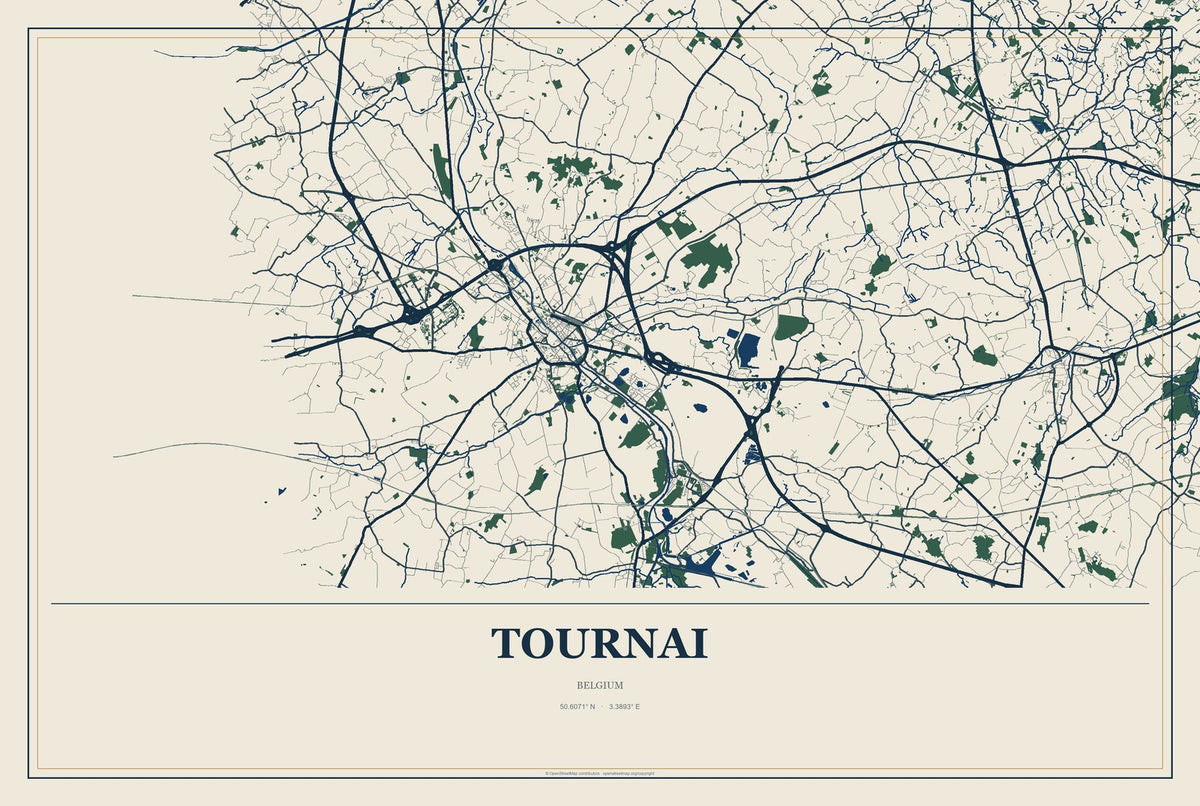Tournai, Belgium City Map Aluminum Sign in Coastal Cutout style
