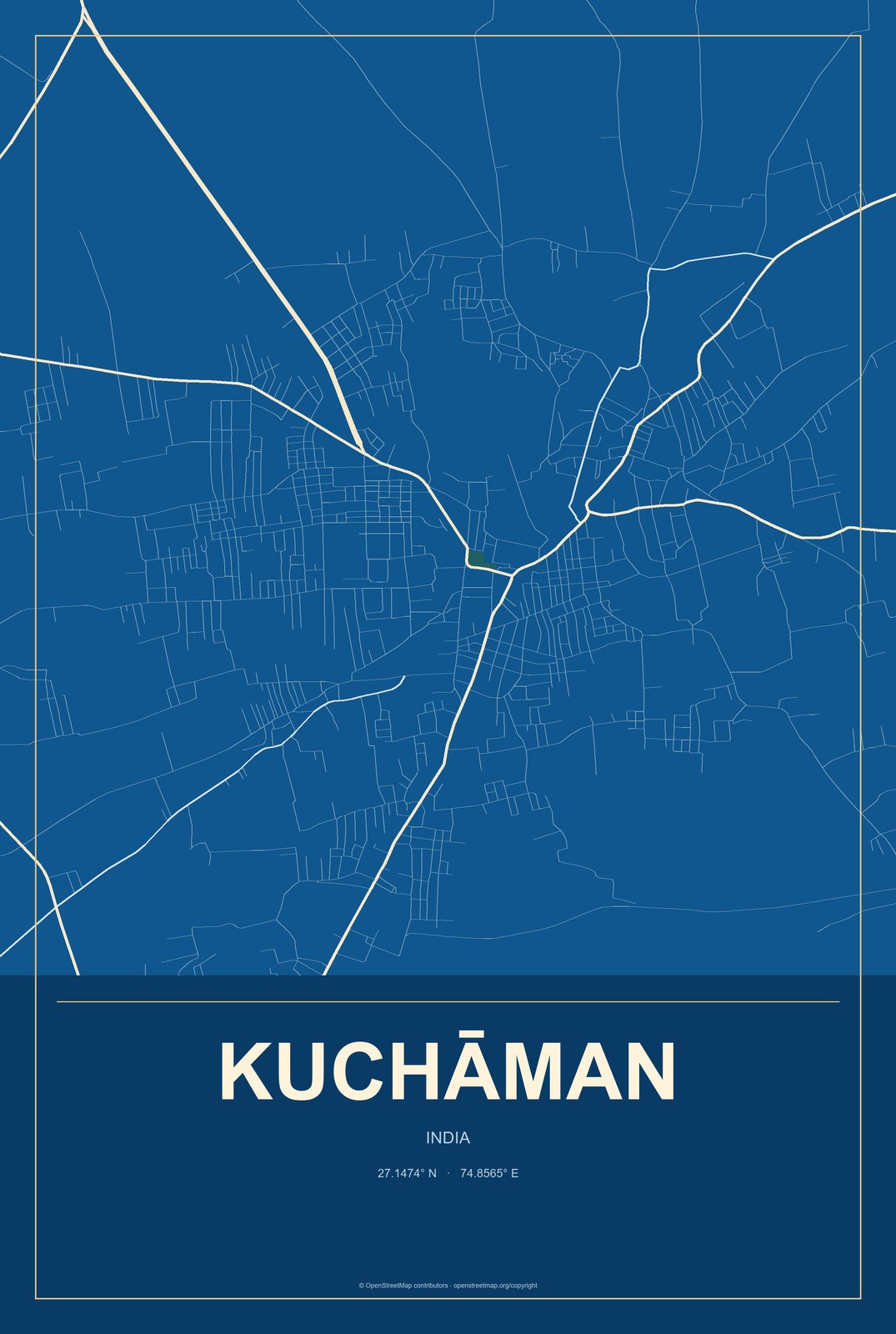 Kuchāman, India City Map Aluminum Sign in Harbor Cobalt style