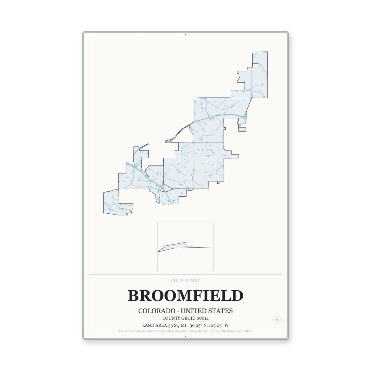 Broomfield County, Colorado Map Aluminum Sign in Gallery Air style