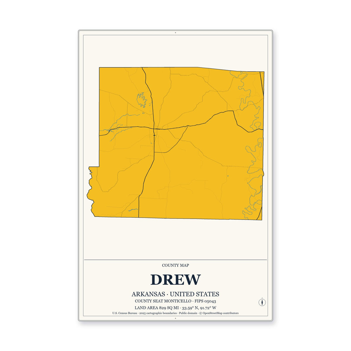 Drew County, Arkansas Map Aluminum Sign in Citrine Modern style