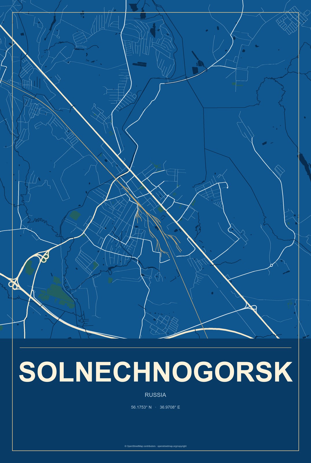 Solnechnogorsk, Russia City Map Aluminum Sign in Harbor Cobalt style