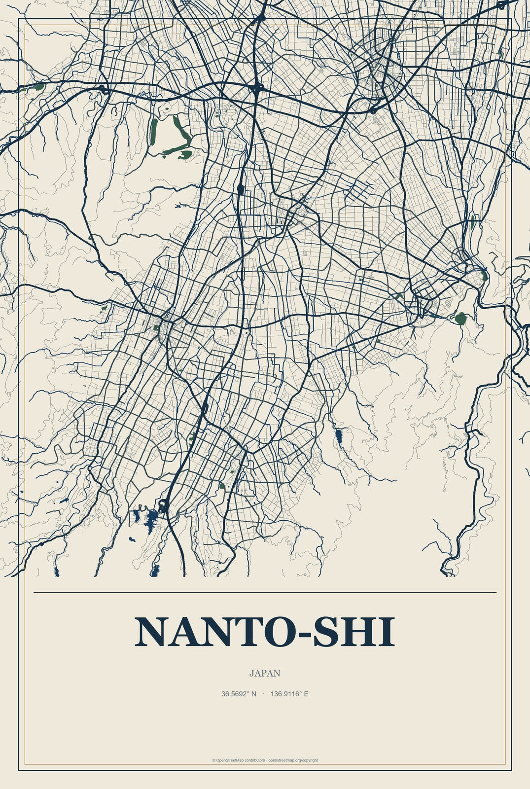 Nanto-shi, Japan City Map Aluminum Sign in Coastal Cutout style