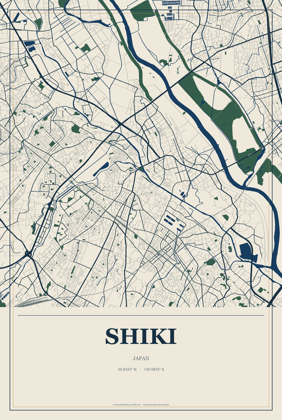 Shiki, Japan City Map Aluminum Sign in Coastal Cutout style
