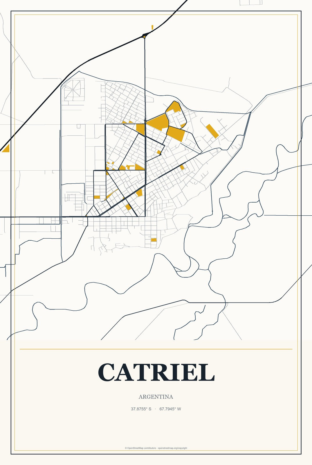 Catriel, Argentina City Map Aluminum Sign in Citrine Modern style