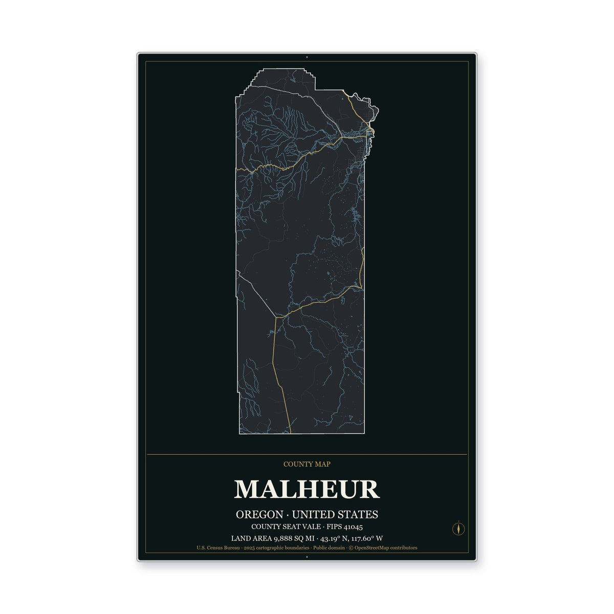 Malheur County, Oregon Map Aluminum Sign in Metropolitan Noir style