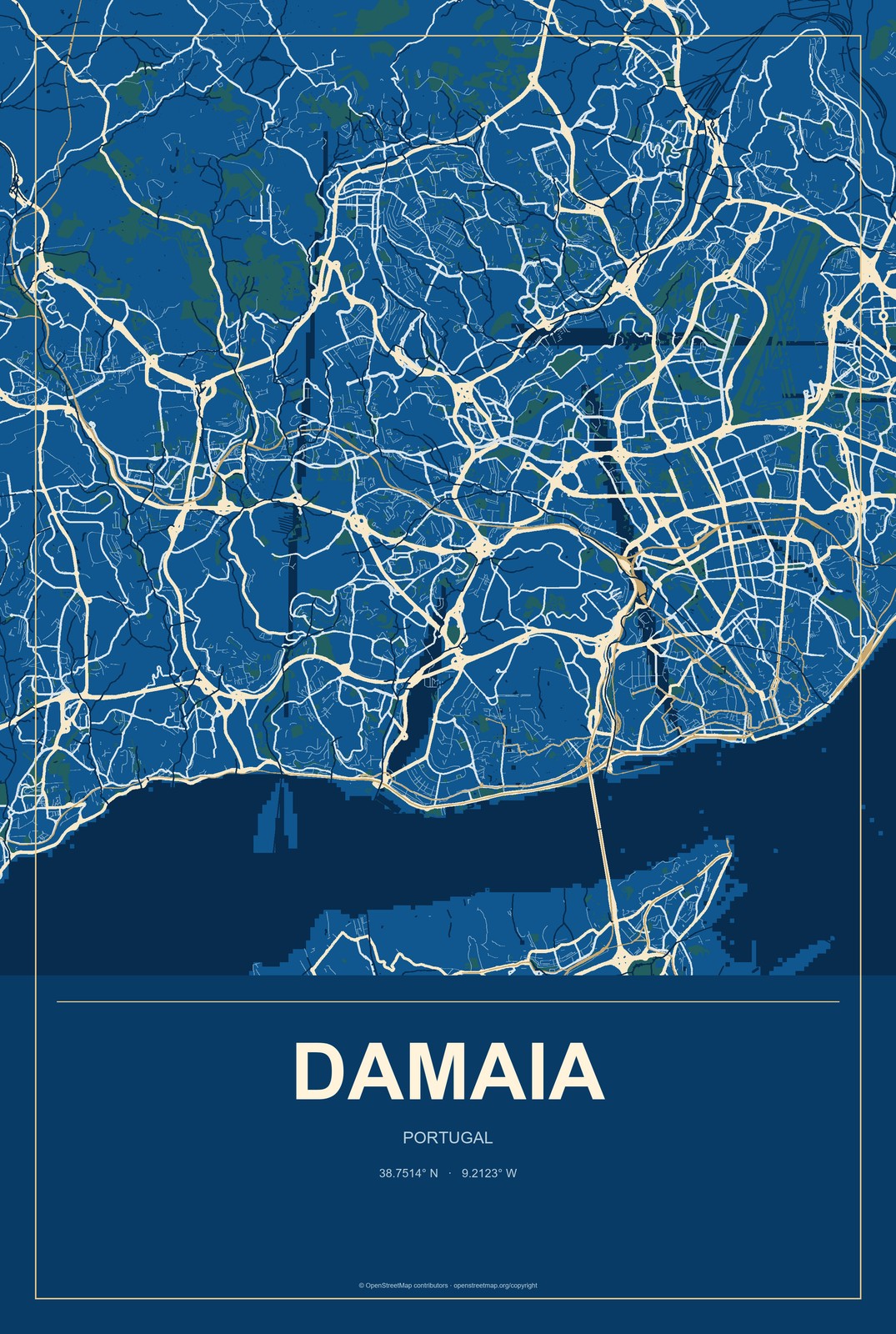 Damaia, Portugal City Map Aluminum Sign in Harbor Cobalt style
