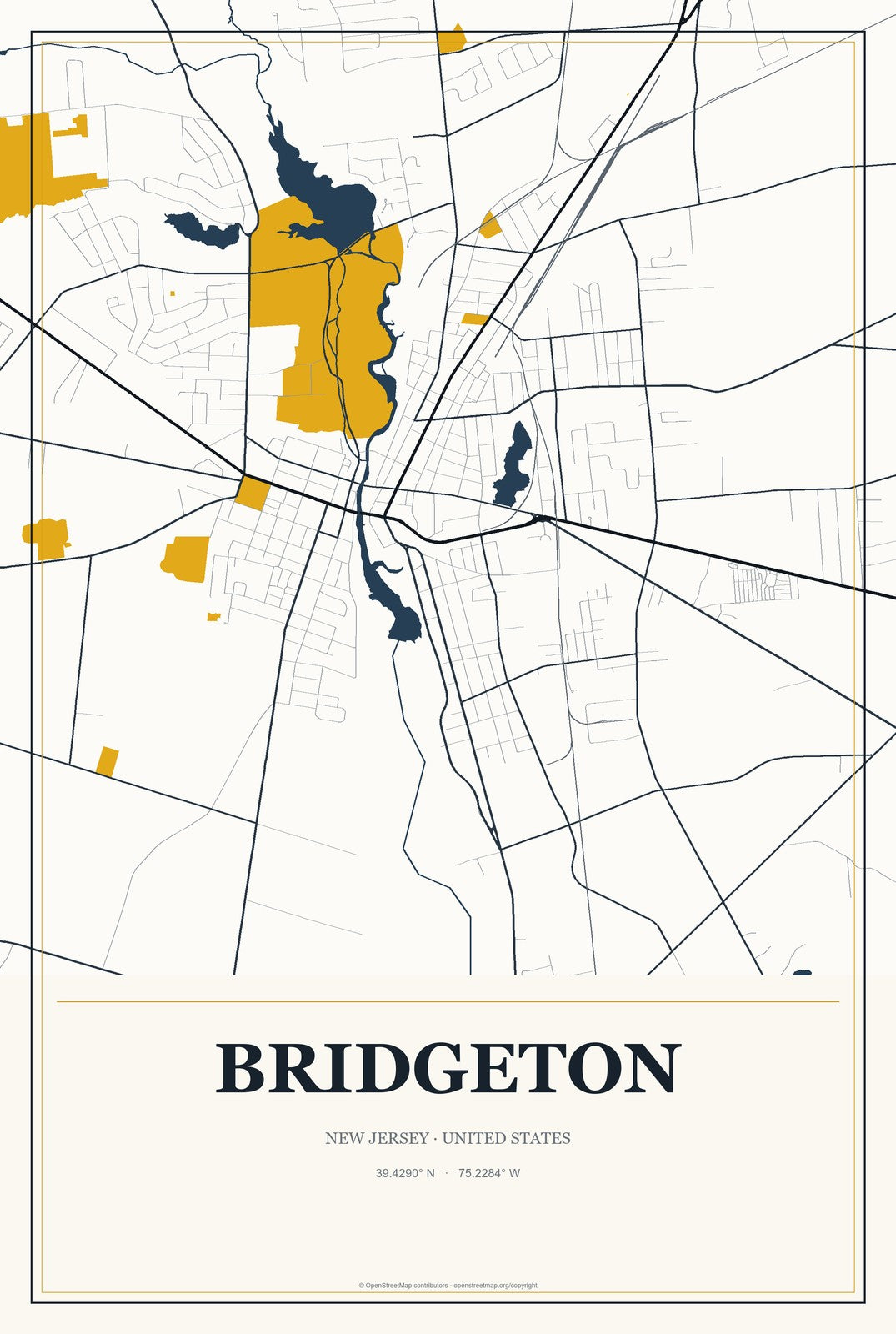 Bridgeton, New Jersey City Map Aluminum Sign in Citrine Modern style