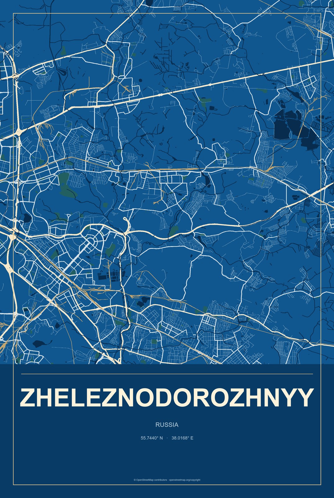 Zheleznodorozhnyy, Russia City Map Aluminum Sign in Harbor Cobalt style
