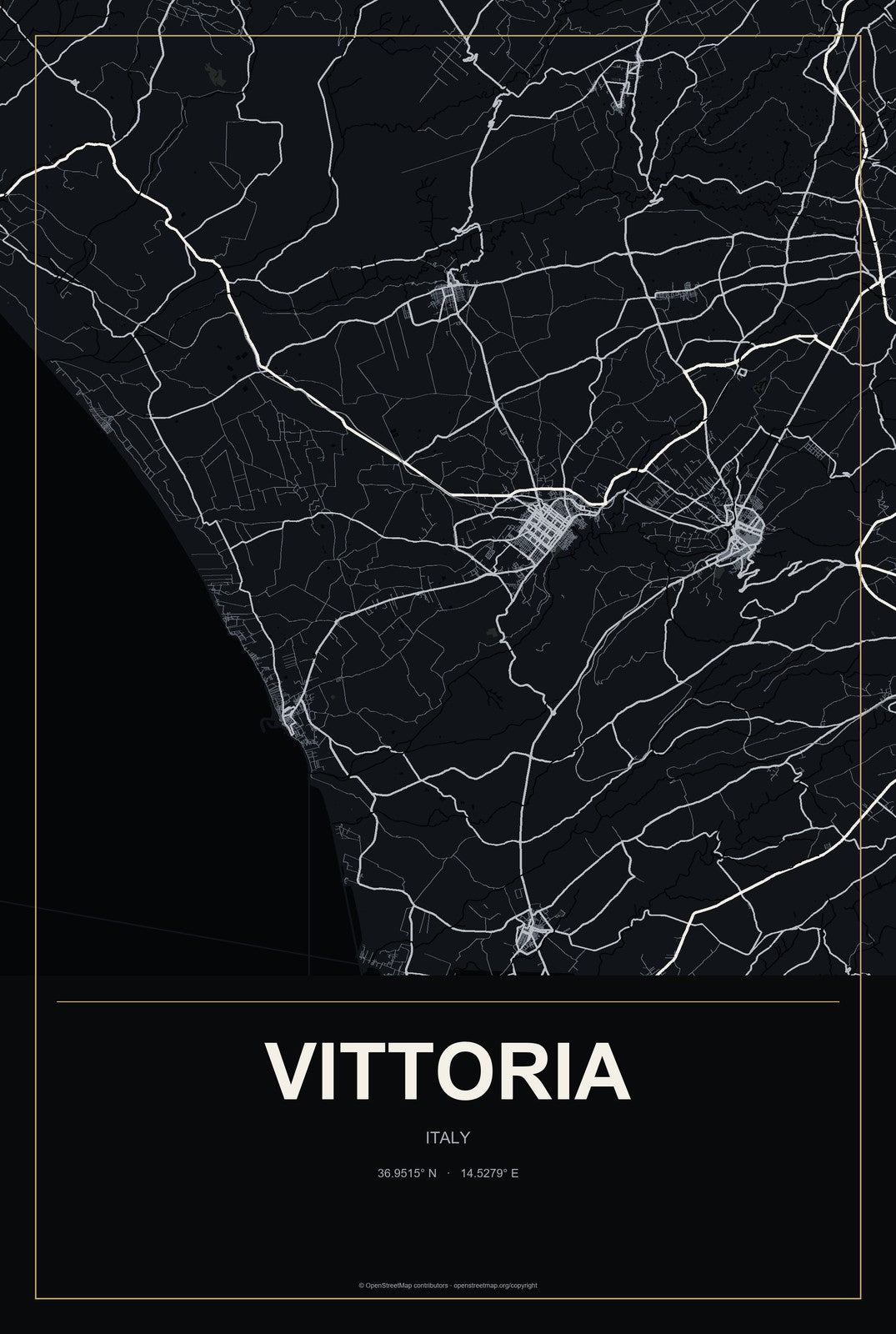 Vittoria, Italy City Map Aluminum Sign in Metropolitan Noir style
