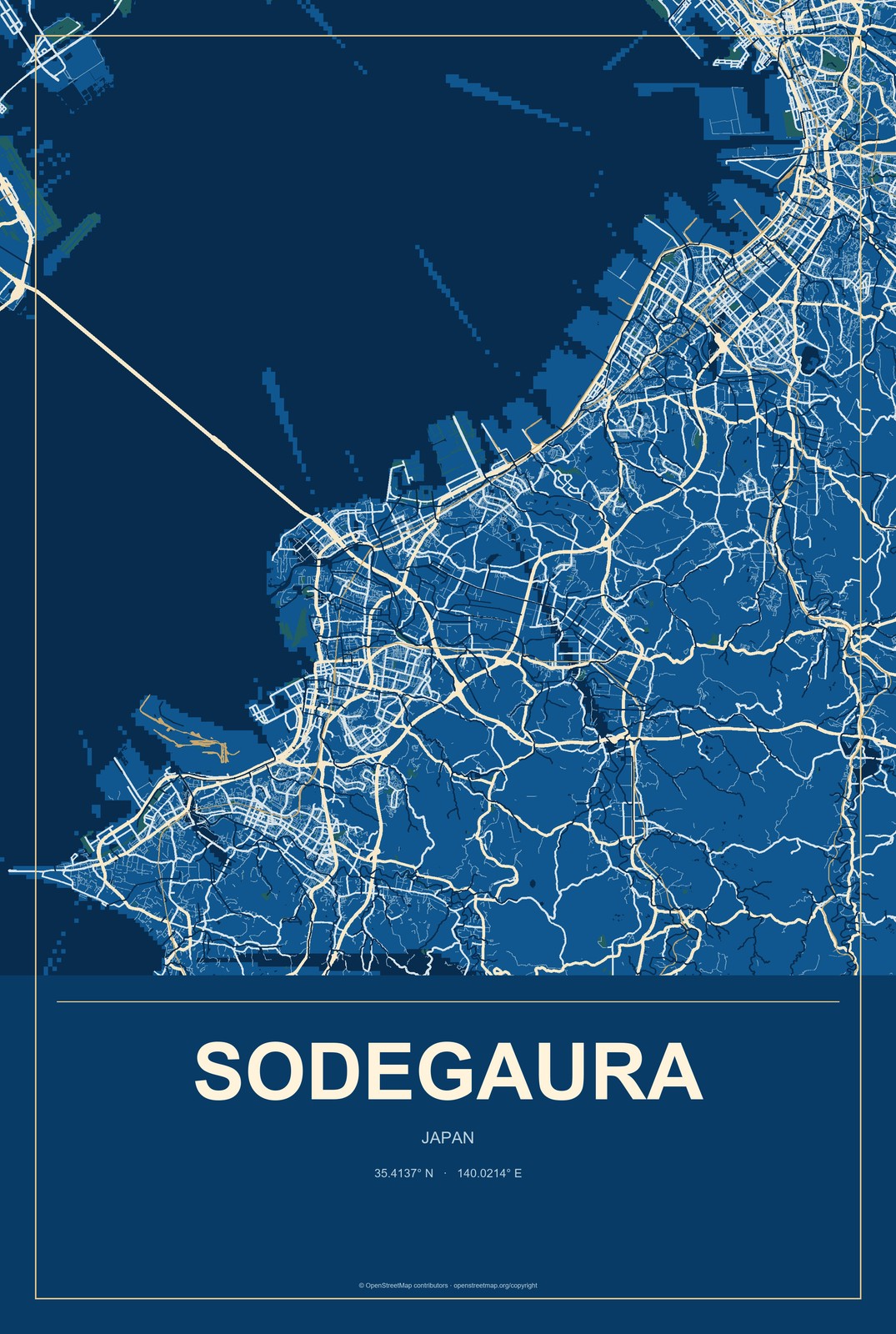 Sodegaura, Japan City Map Aluminum Sign in Harbor Cobalt style