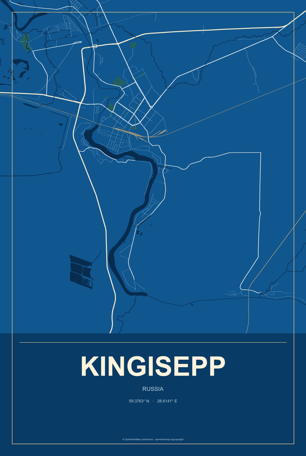 Kingisepp, Russia City Map Aluminum Sign in Harbor Cobalt style