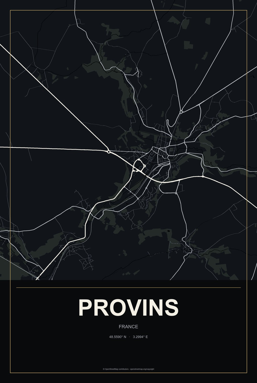 Provins, France City Map Aluminum Sign in Metropolitan Noir style
