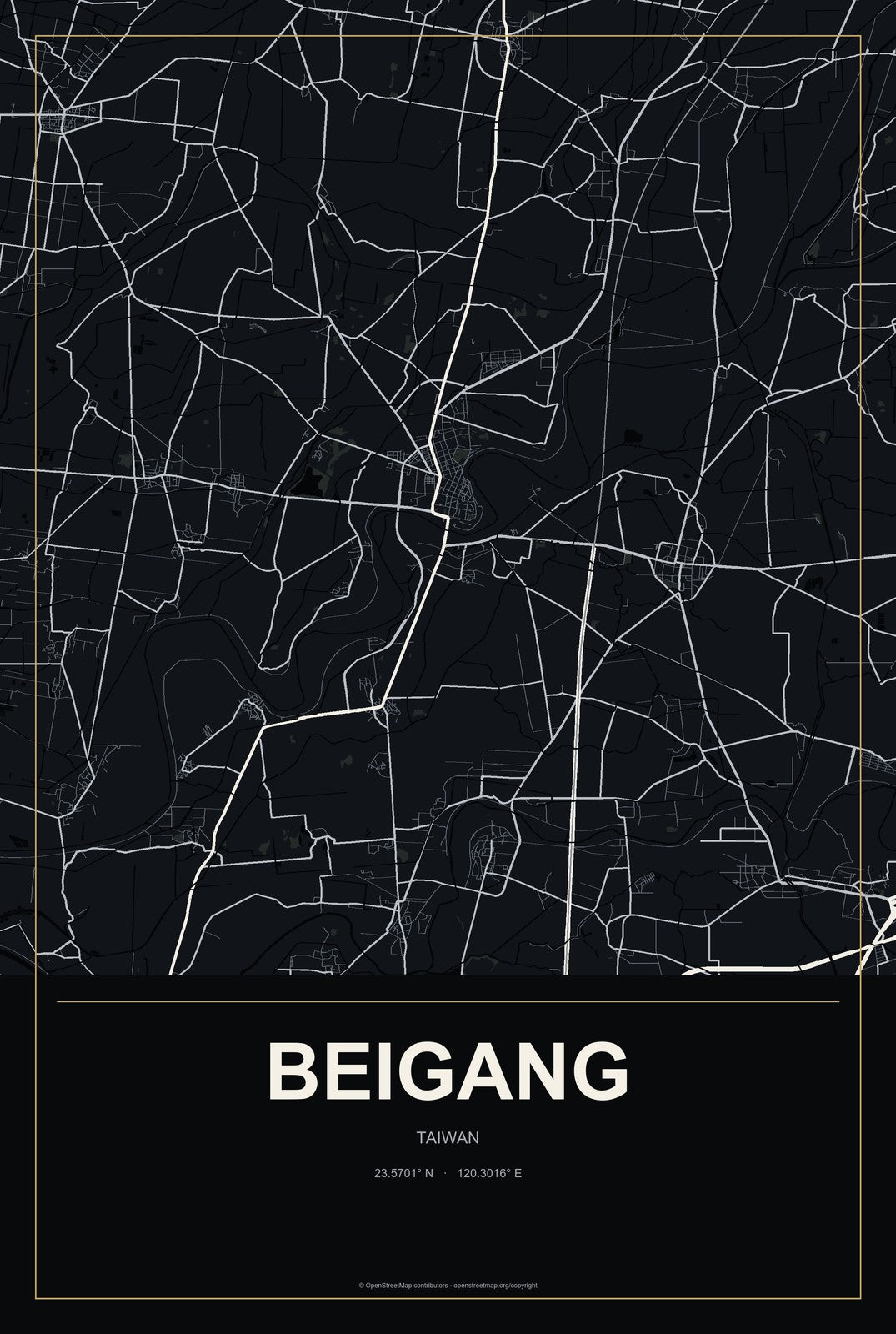 Beigang, Taiwan City Map Aluminum Sign in Metropolitan Noir style