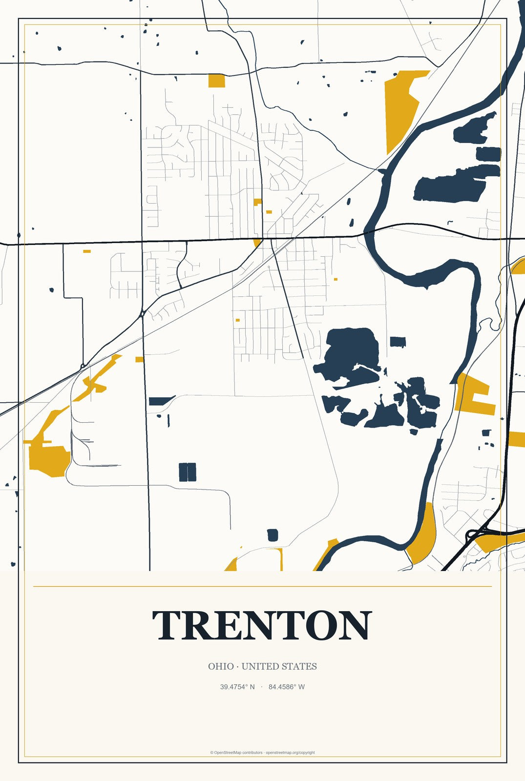 Trenton, Ohio City Map Aluminum Sign in Citrine Modern style