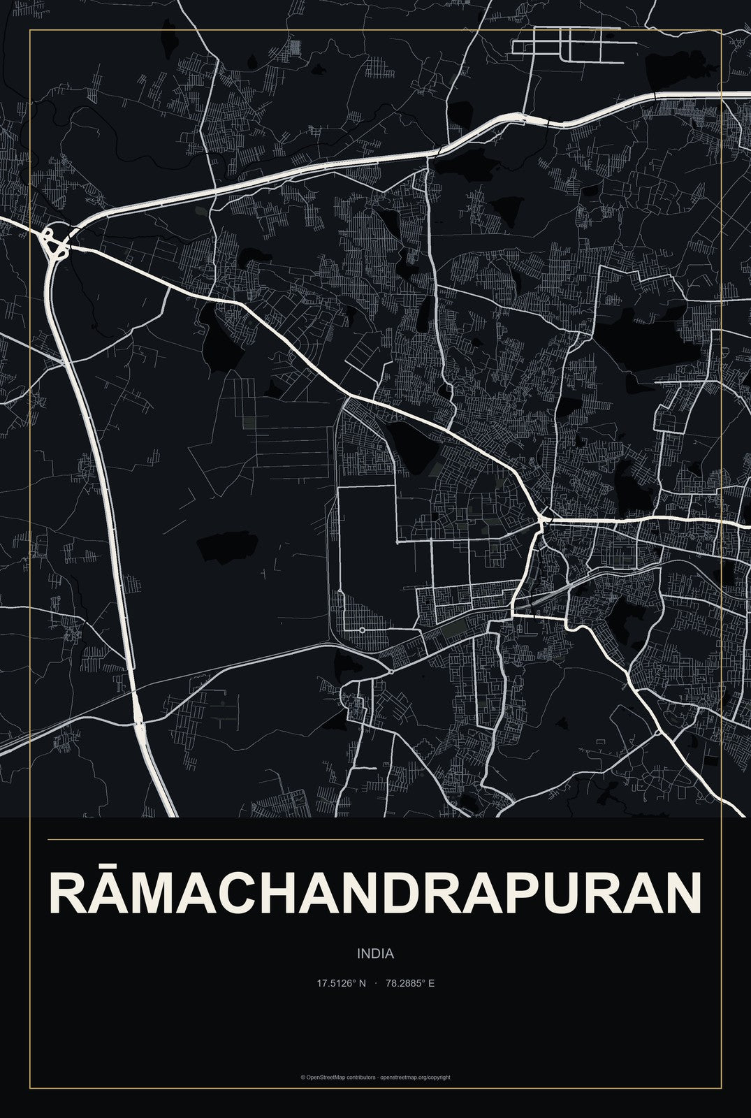 Rāmachandrapuran, India City Map Aluminum Sign in Metropolitan Noir style