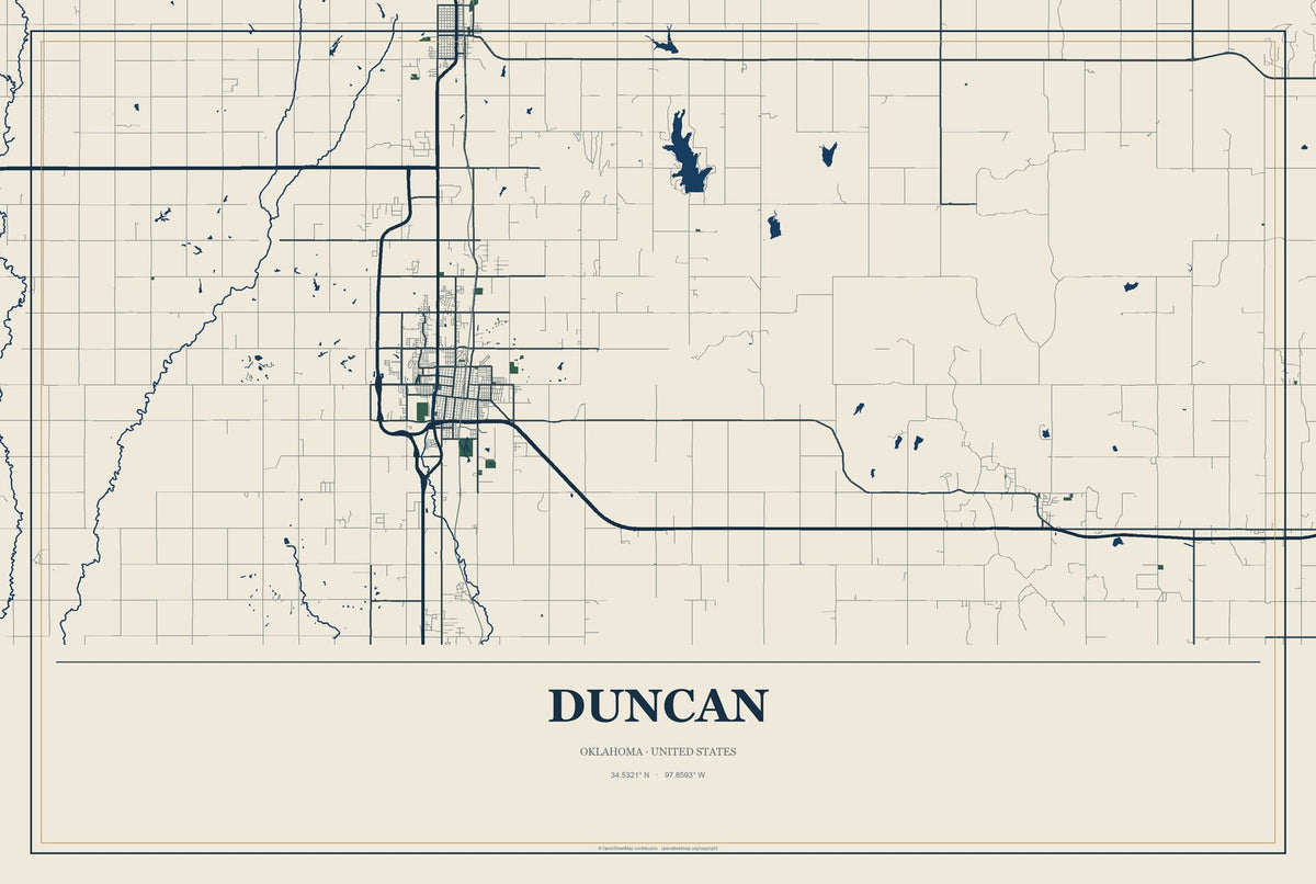 Duncan, Oklahoma City Map Aluminum Sign in Coastal Cutout style
