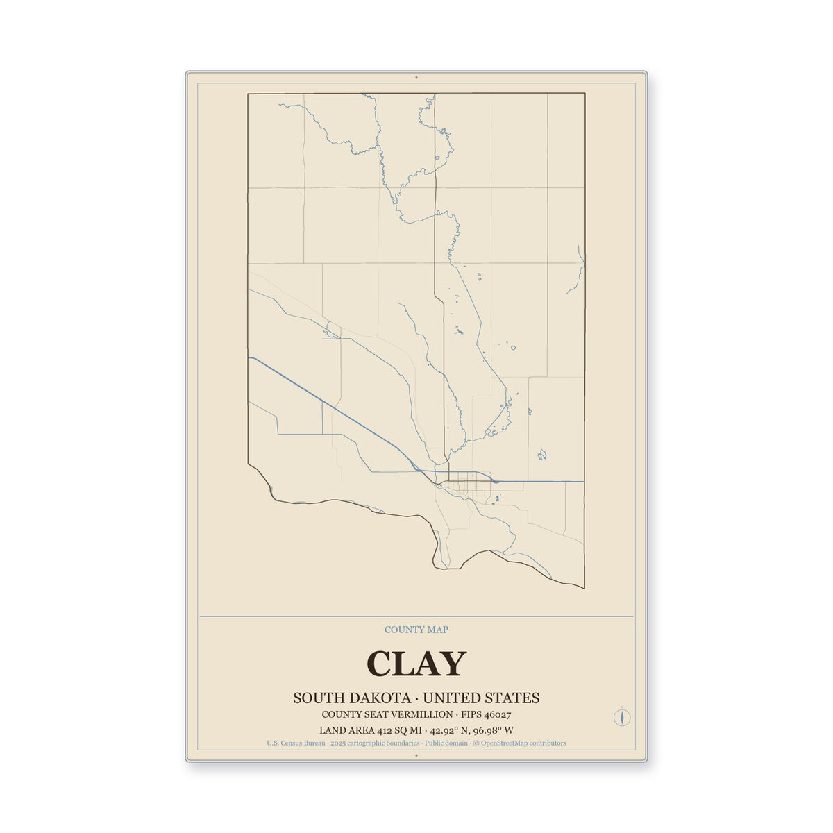 Clay County, South Dakota Map Aluminum Sign in Heritage Nautical style