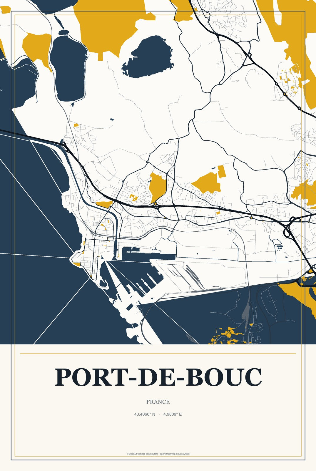 Port-de-Bouc, France City Map Aluminum Sign in Citrine Modern style