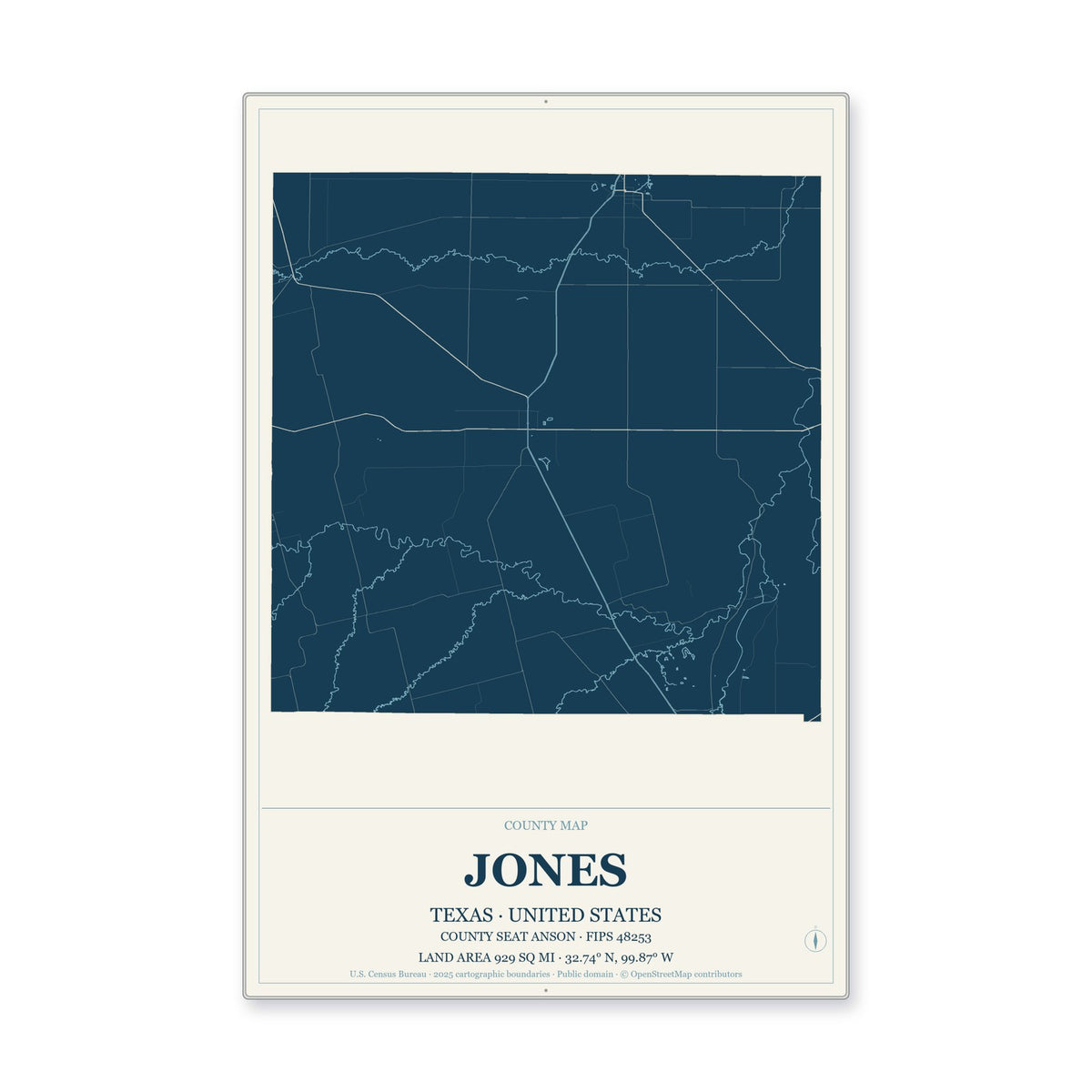 Jones County, Texas Map Aluminum Sign in Coastal Cutout style
