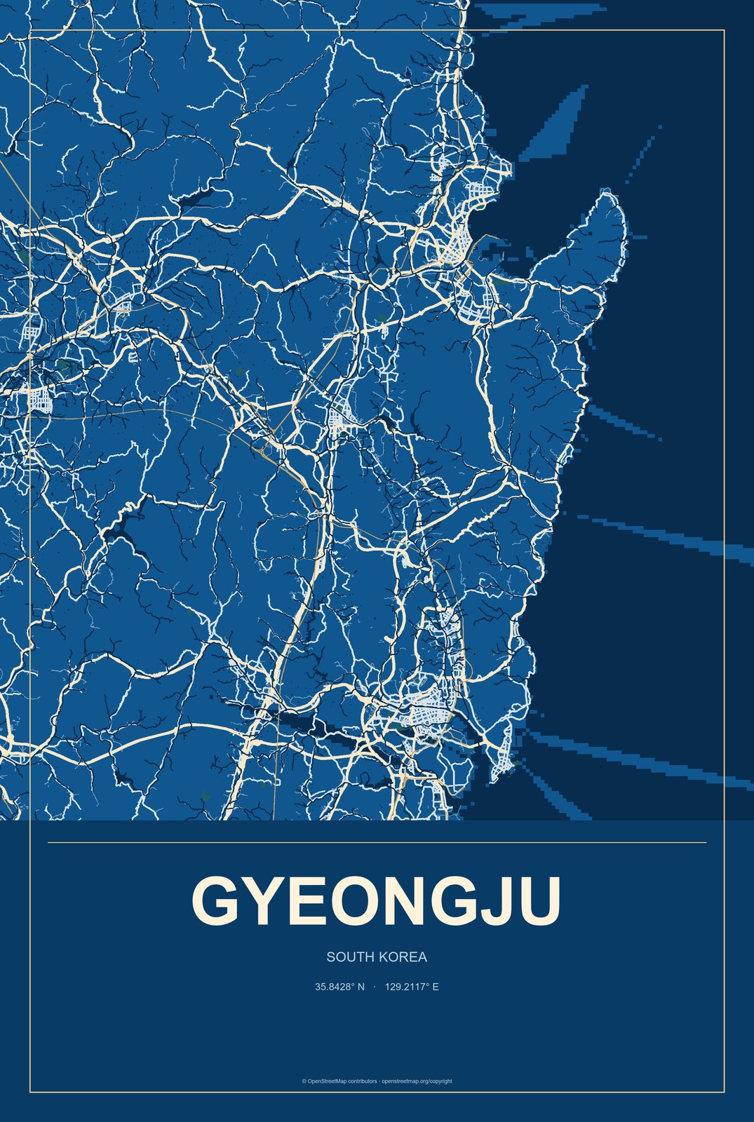 Gyeongju, South Korea City Map Aluminum Sign in Harbor Cobalt style