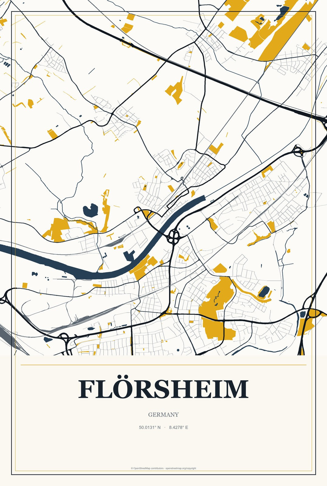 Flörsheim, Germany City Map Aluminum Sign in Citrine Modern style