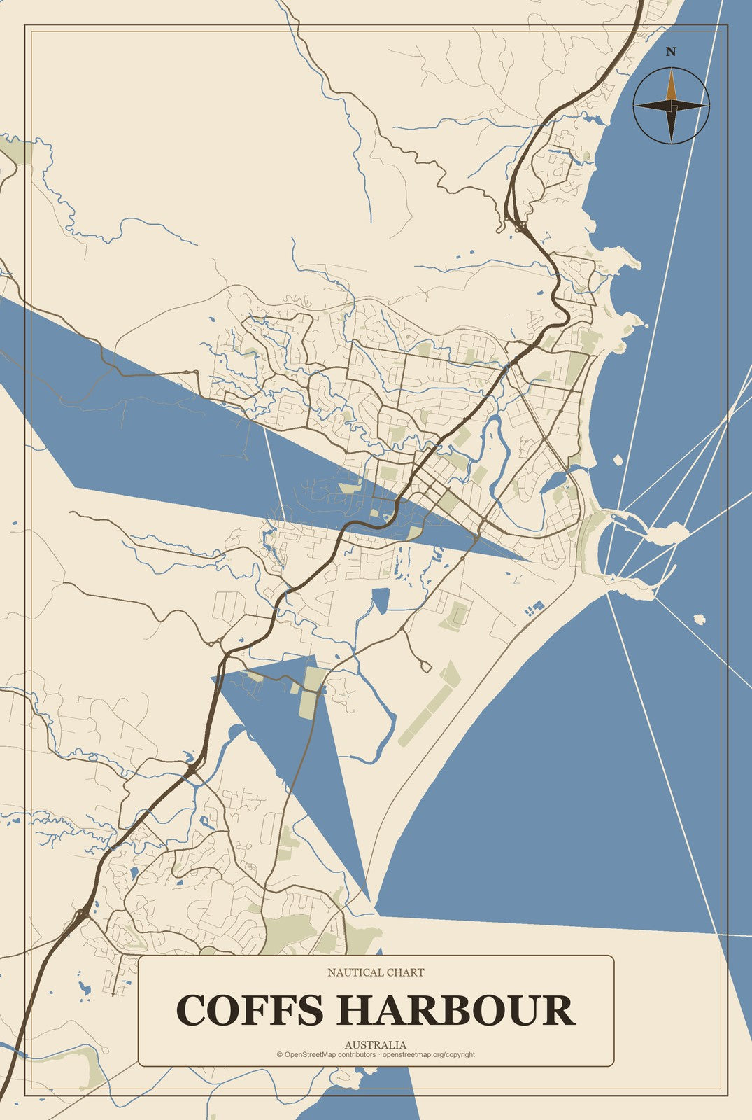 Coffs Harbour, Australia City Map Aluminum Sign in Heritage Nautical style