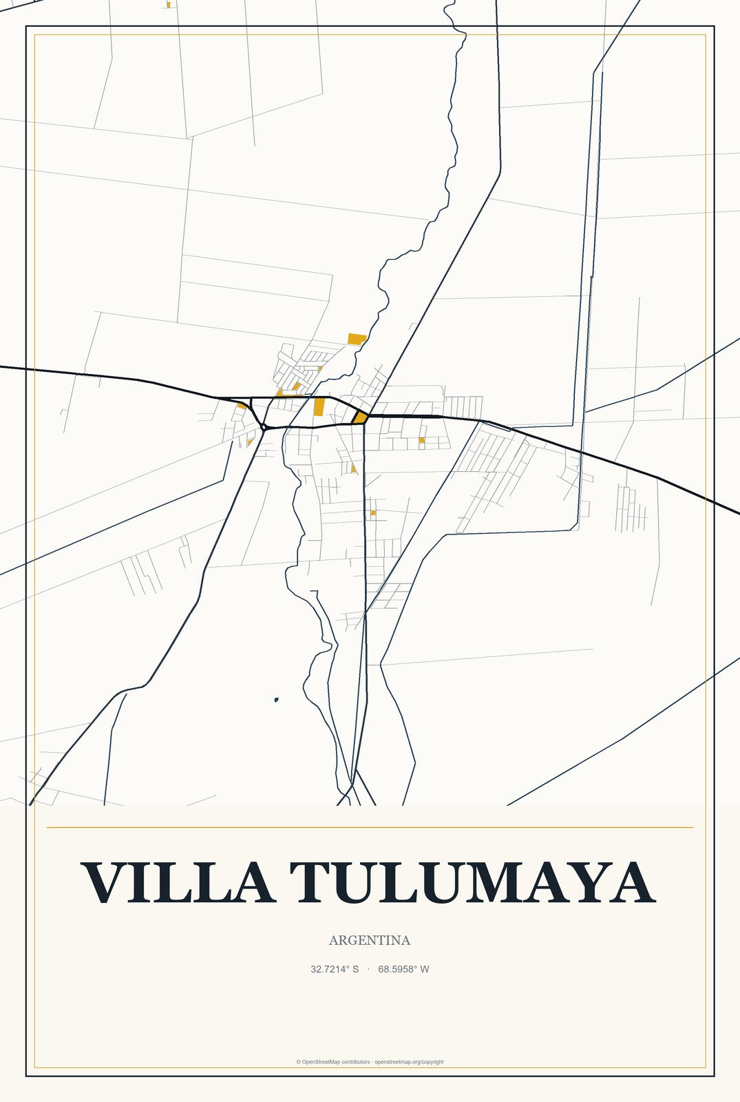 Villa Tulumaya, Argentina City Map Aluminum Sign in Citrine Modern style