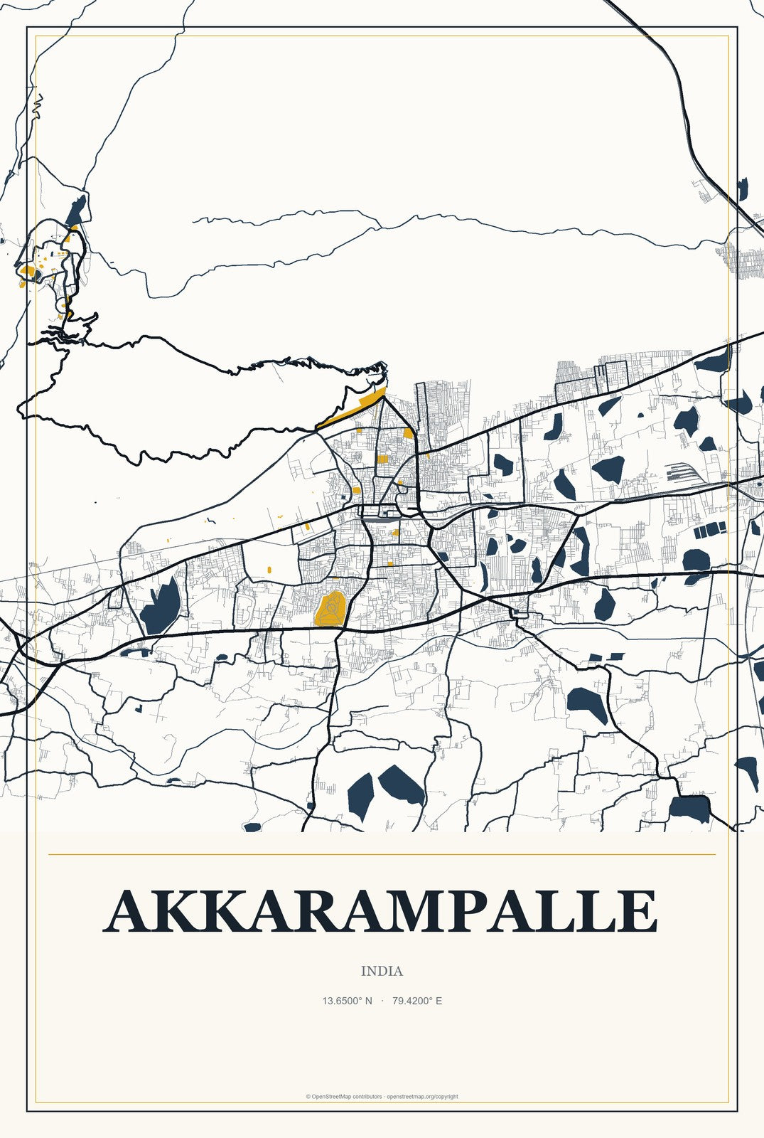 Akkarampalle, India City Map Aluminum Sign in Citrine Modern style