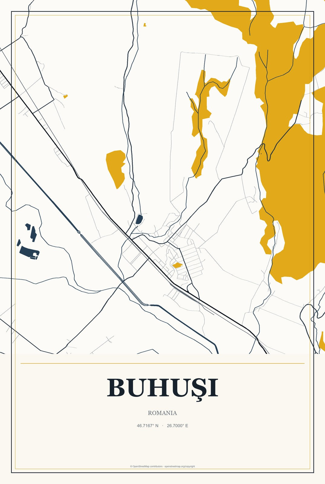 Buhuşi, Romania City Map Aluminum Sign in Citrine Modern style